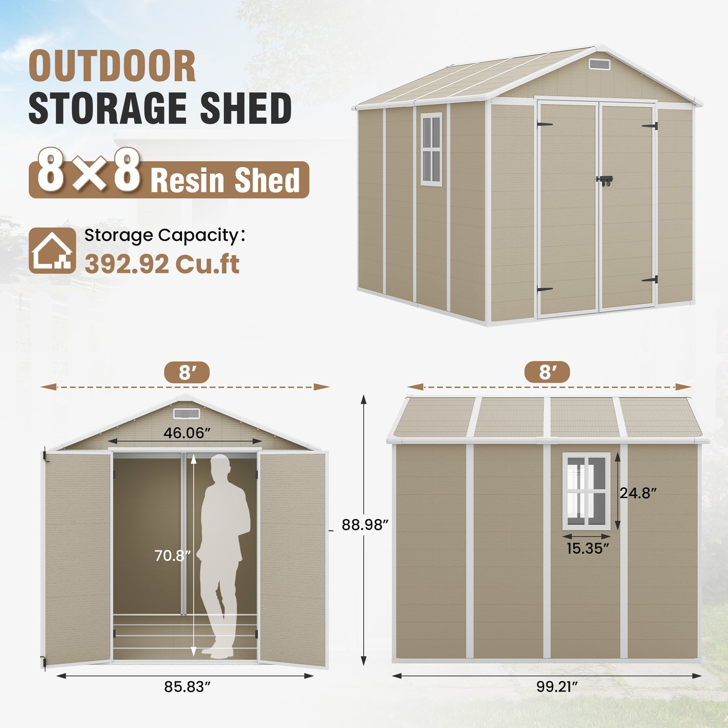 VONZOY Outdoor Storage Shed, 8x8 FT Resin Shed with Floor and Lockable Door, Window & Vents, Tool Sheds & Outdoor Storage for Bike, Garden Accessories, Tools, Waterproof
