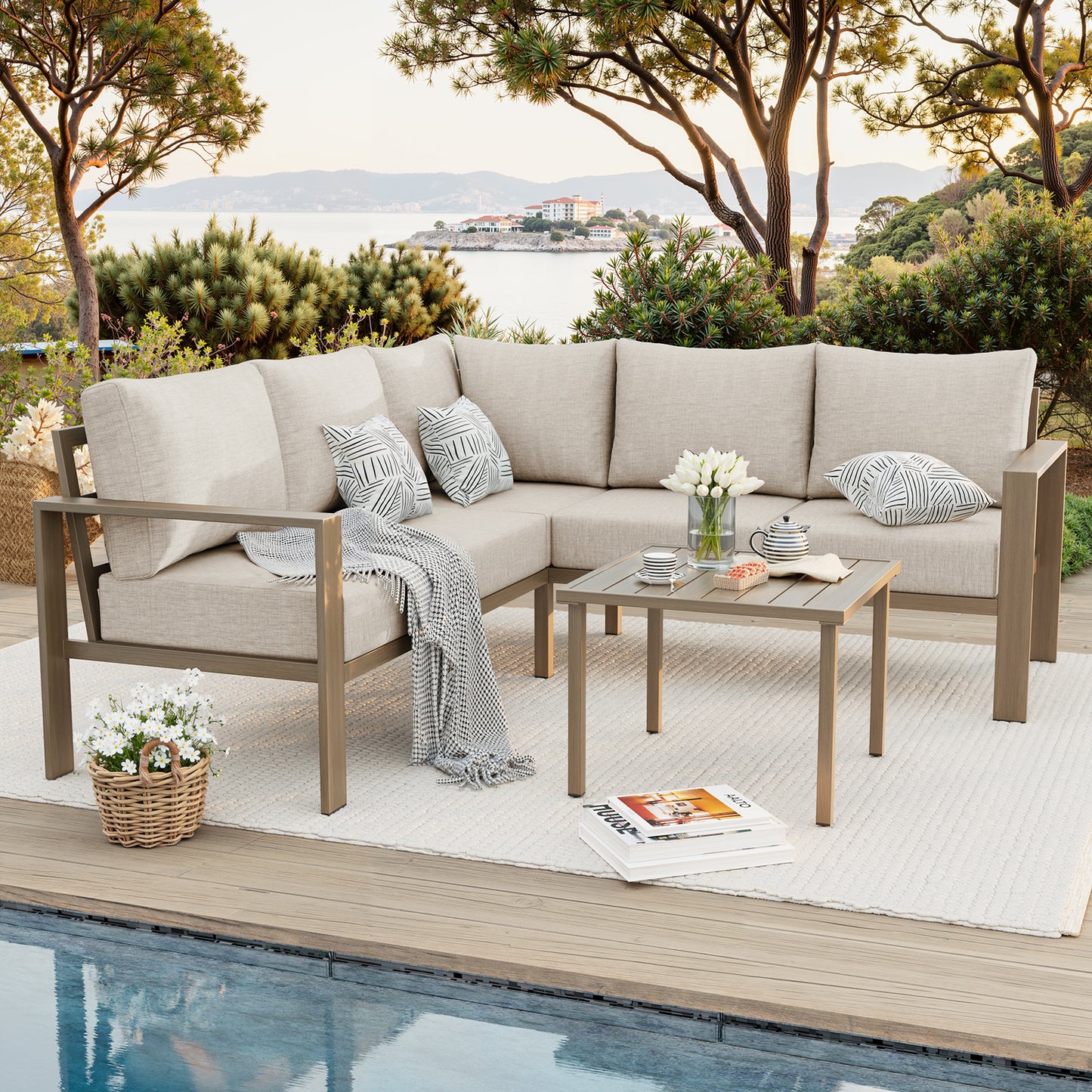 VONZOY 6 Pieces Patio Furniture Set, Wood-Look Metal Outdoor Sectional Furniture Conversation Set, L Shape Patio Couch with Side Table, 6.5" Thick Olefin Cushions for Garden, Backyard, Deck(Beige)