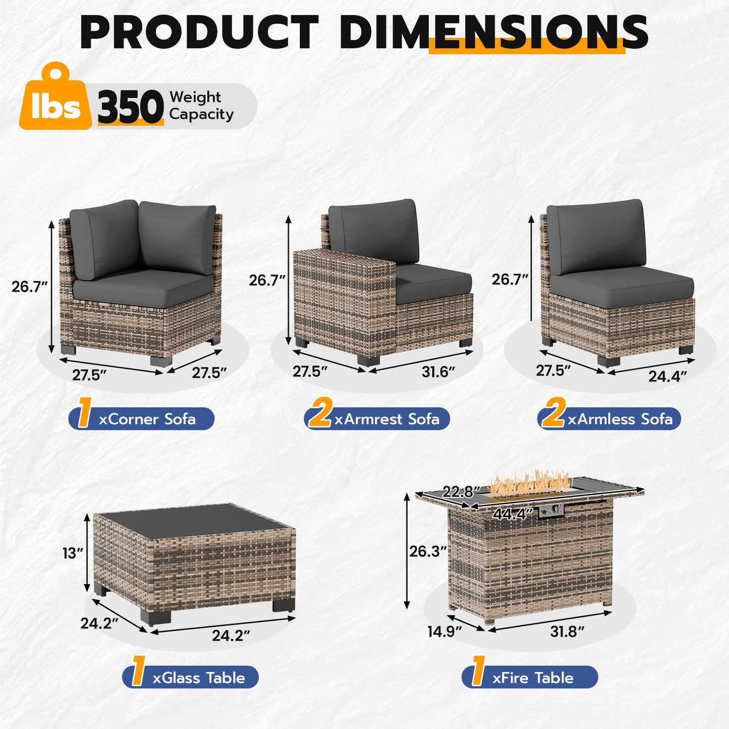 VONZOY Patio Furniture Set, Wide Armrest Outdoor Furniture Set with 44" Fire Pit Table Thick Cushions, 7 Piece Wicker Rattan Patio Sectional Sofa for Backyard, Poolside, Garden