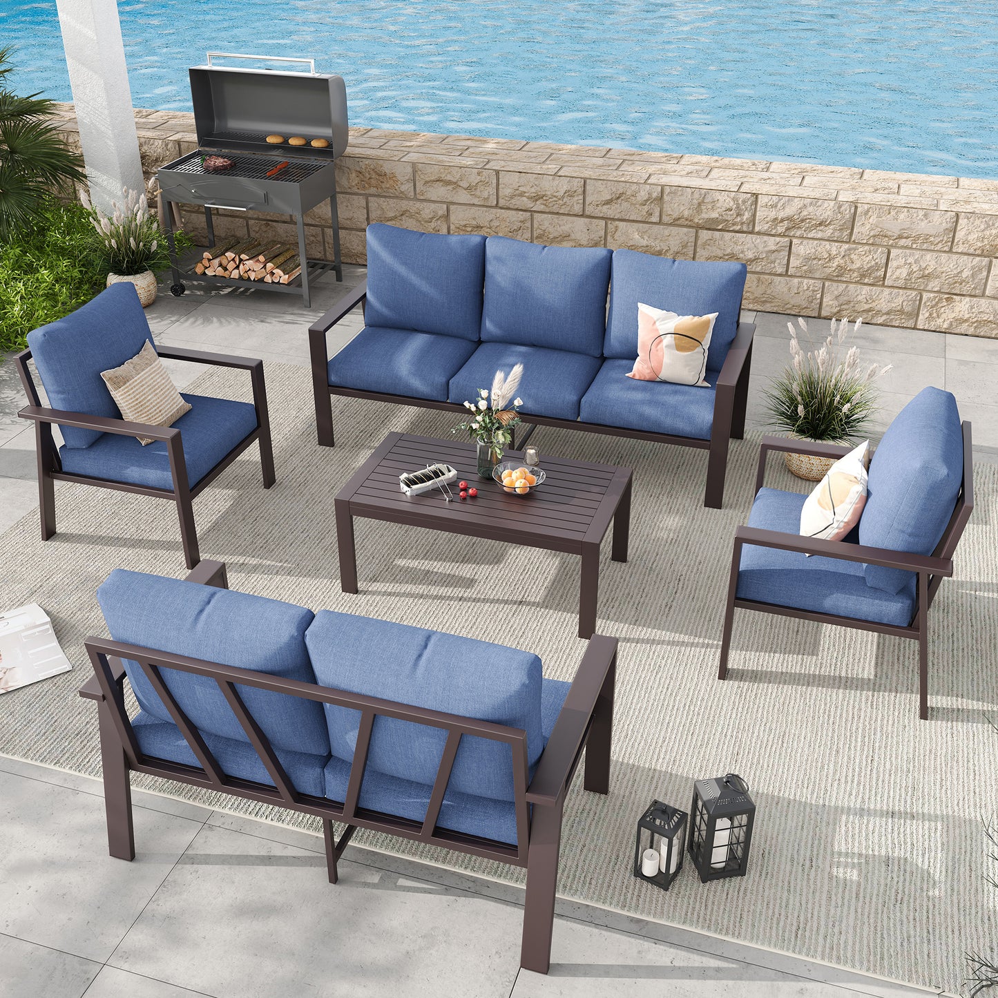 5-Piece Outdoor Furniture All-Weather Aluminum Patio Conversation Set with Coffee Table Rust-Proof Sectional Sofa Set with Removable Cushion for Deck, Backyard, Poolside & Small Spaces