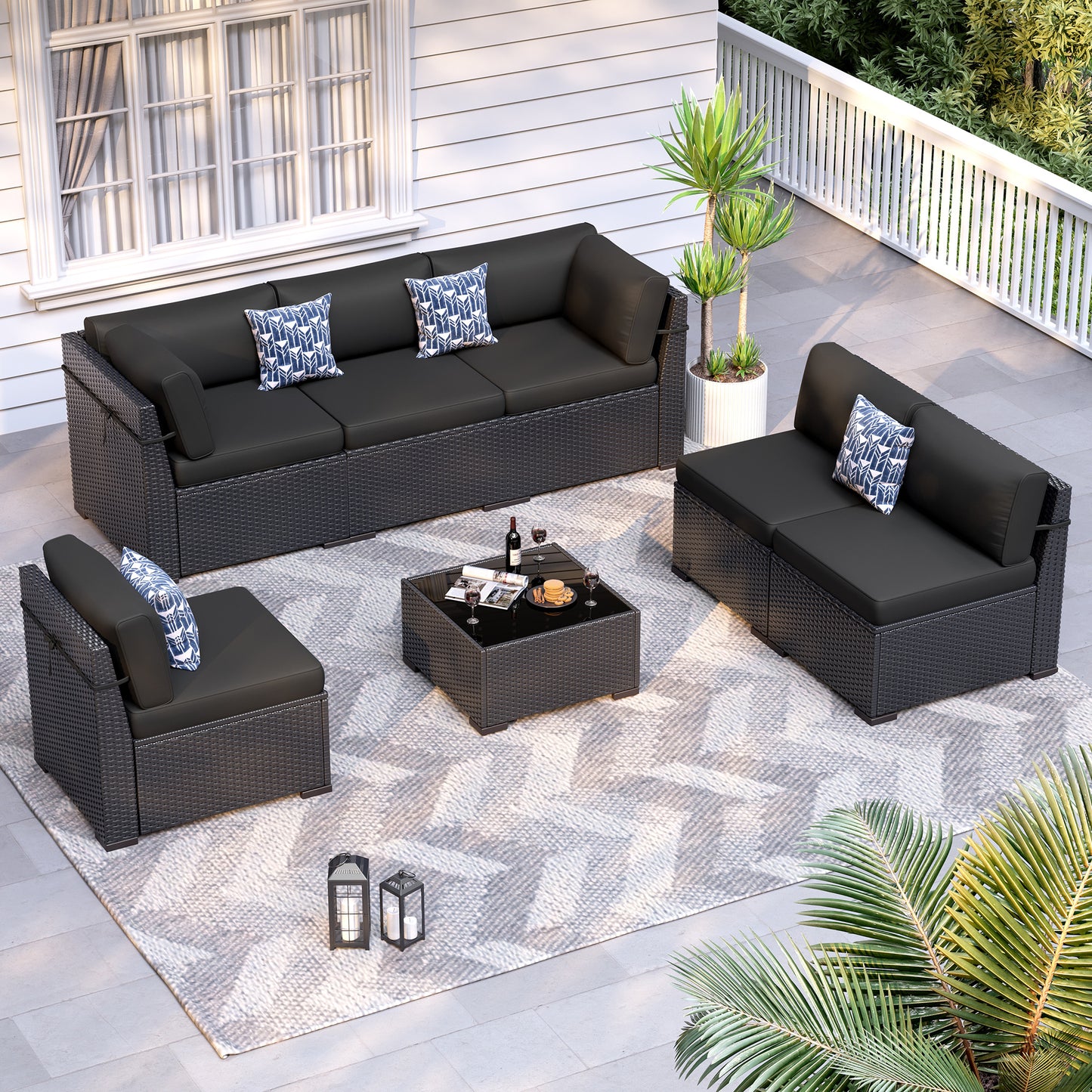 VONZOY 8-Piece Patio Furniture Set with 44” Fire Pit Table - All-Weather Wicker Conversation Sectional Sofa & Coffee Table with Thickened Cushions for Backyard, Garden(Black)