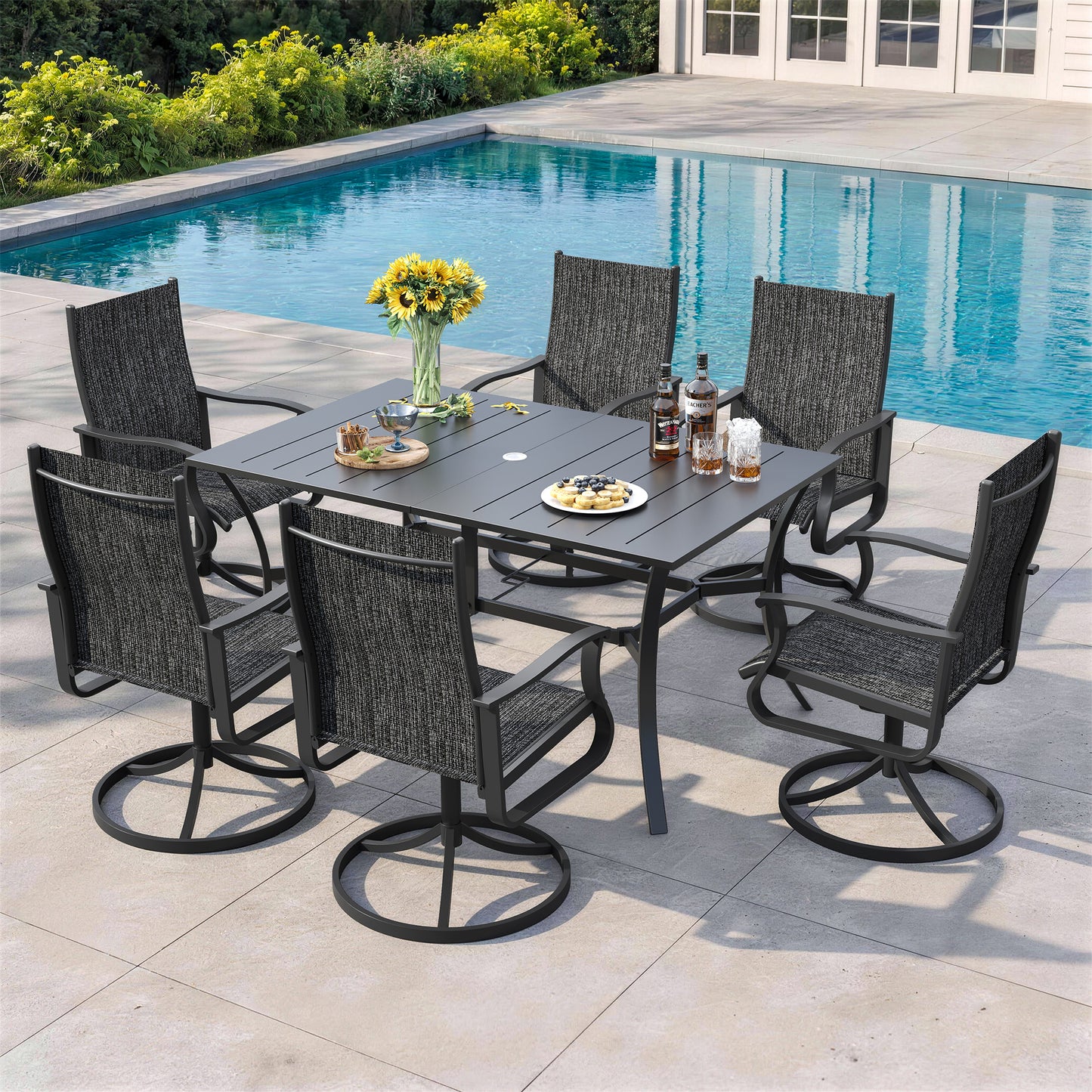 VONZOY 7 Pieces Patio Dining Set, Patio Outdoor Furniture Set of 6 Patio Swivel Dining Chairs and Patio Spliced Rectangular Tabletop with Umbrella Hole, for Deck, Backyard, Poolside & Garden