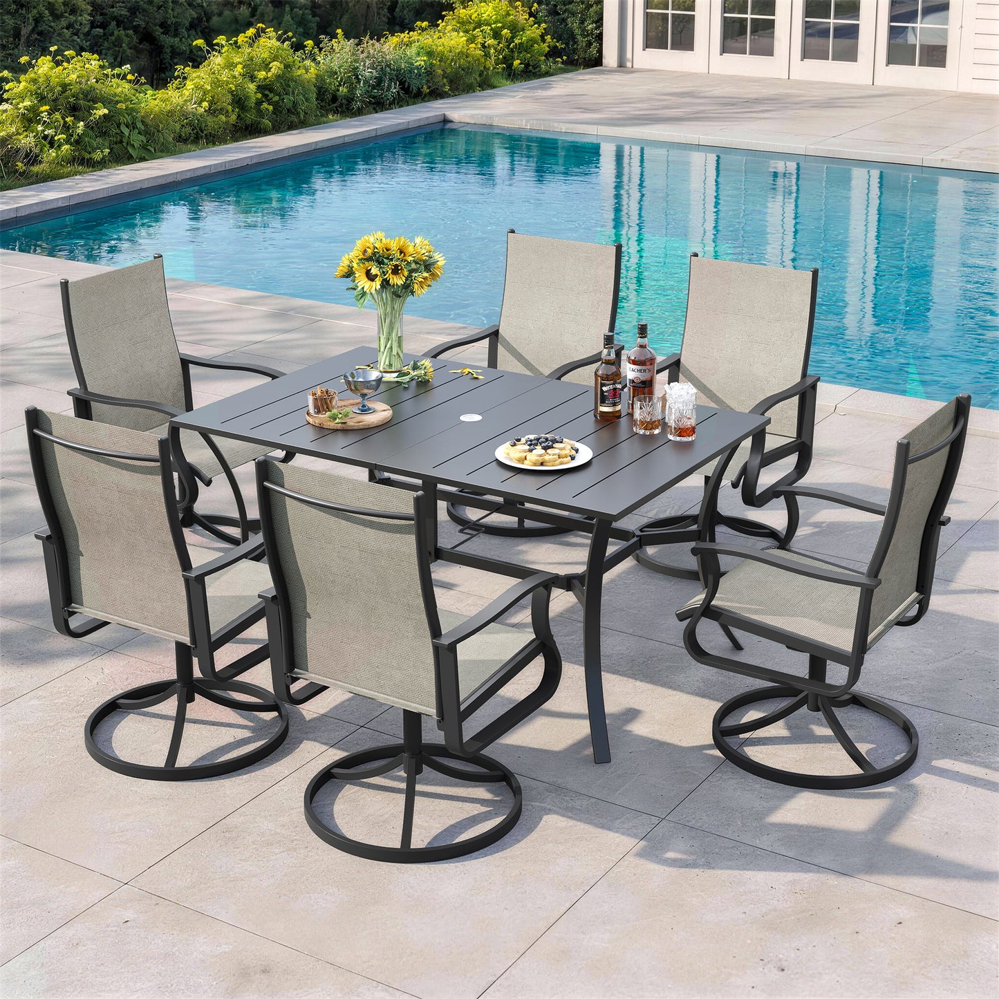 VONZOY 7 Pieces Patio Dining Set, Patio Outdoor Furniture Set of 6 Patio Swivel Dining Chairs and Patio Spliced Rectangular Tabletop with Umbrella Hole, for Deck, Backyard, Poolside & Garden