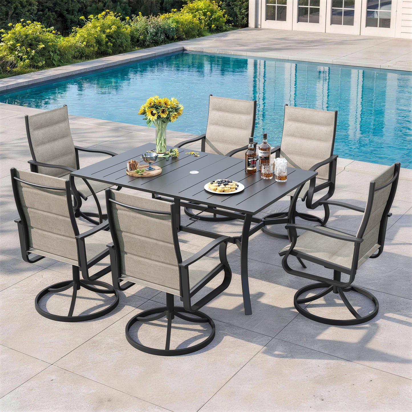 VONZOY 7 Pieces Patio Dining Set, Padded Patio Outdoor Furniture Set of 6 Patio Swivel Dining Chairs and Patio Spliced Rectangular Tabletop with Umbrella Hole, for Deck, Backyard, Poolside & Garden