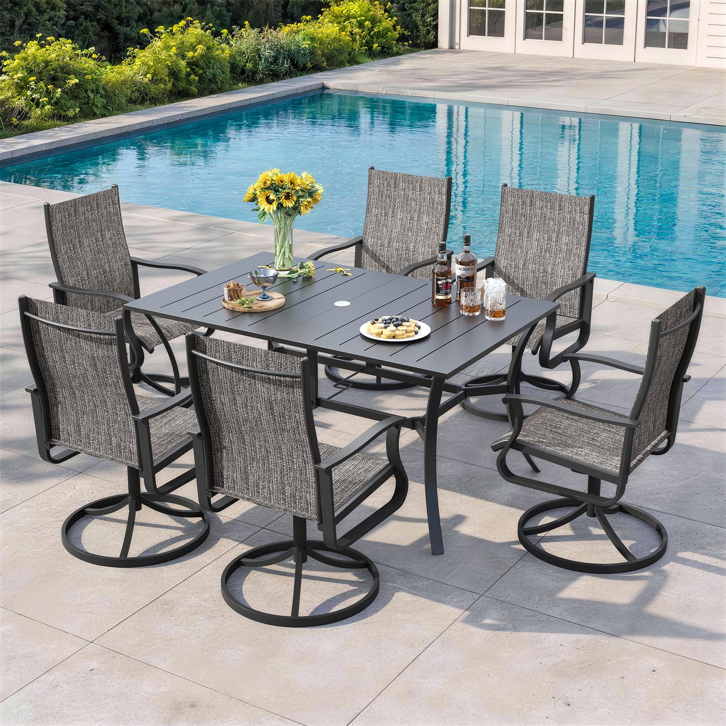 VONZOY 7 Pieces Patio Dining Set, Patio Outdoor Furniture Set of 6 Patio Swivel Dining Chairs and Patio Spliced Rectangular Tabletop with Umbrella Hole, for Deck, Backyard, Poolside & Garden