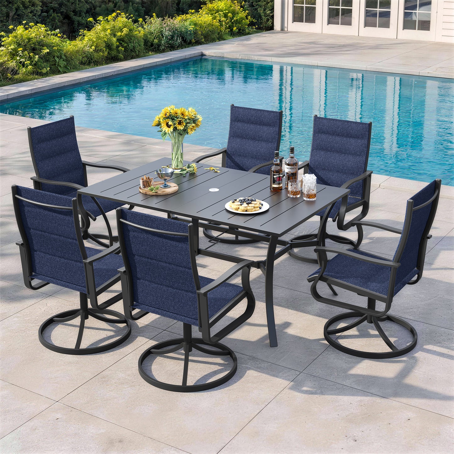 VONZOY 7 Pieces Patio Dining Set, Padded Patio Outdoor Furniture Set of 6 Patio Swivel Dining Chairs and Patio Spliced Rectangular Tabletop with Umbrella Hole, for Deck, Backyard, Poolside & Garden
