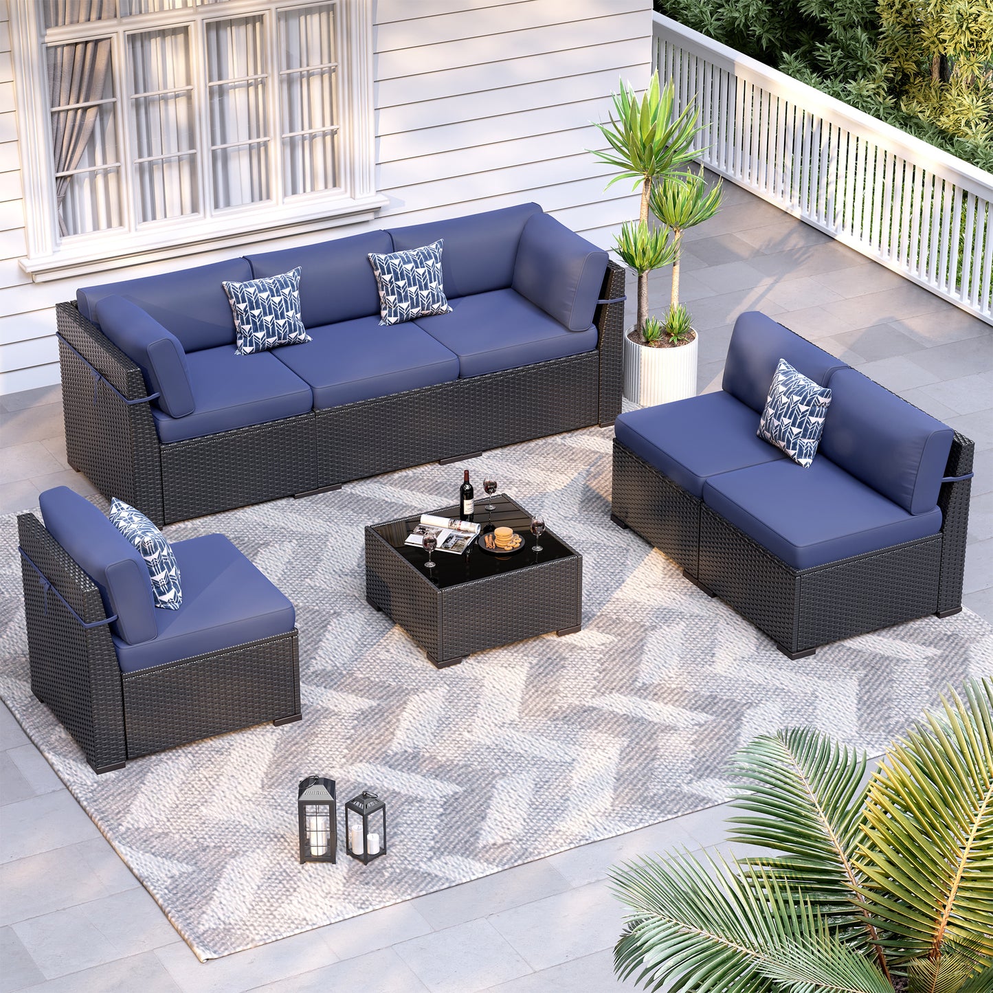 VONZOY Patio Furniture Sets, 7-Piece Outdoor Patio Furniture with Thick Cushions,Coffee Table Outdoor All-Weather Conversation Set Sectional Sofa for Backyard, Poolside, Garden(Navy Blue)