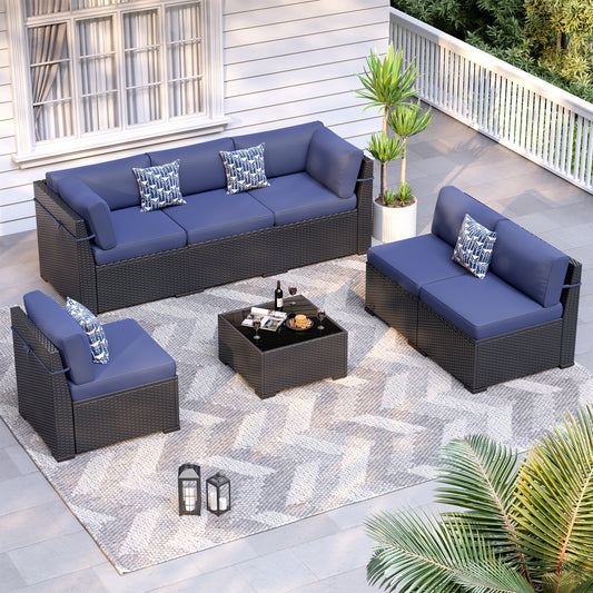 VONZOY Patio Furniture Sets, 7-Piece Outdoor Patio Furniture with Thick Cushions,Coffee Table Outdoor All-Weather Conversation Set Sectional Sofa for Backyard, Poolside, Garden(Navy Blue)