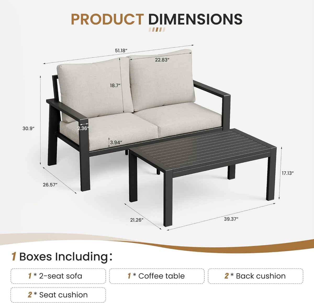 Aluminum Patio Conversation Sets All-Weather Sectional Outdoor Furniture Set with Coffee Table