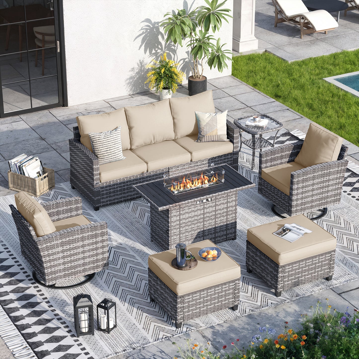 VONZOY 7 Pieces Patio Furniture Set with 44" Fire Pit Table, Patio Sectional Conversation Sets with Rocking Chair, Gas Fire Pit, Ottomans, Side Table, 4" Thick Cushion for Backyard Garden , Khaki