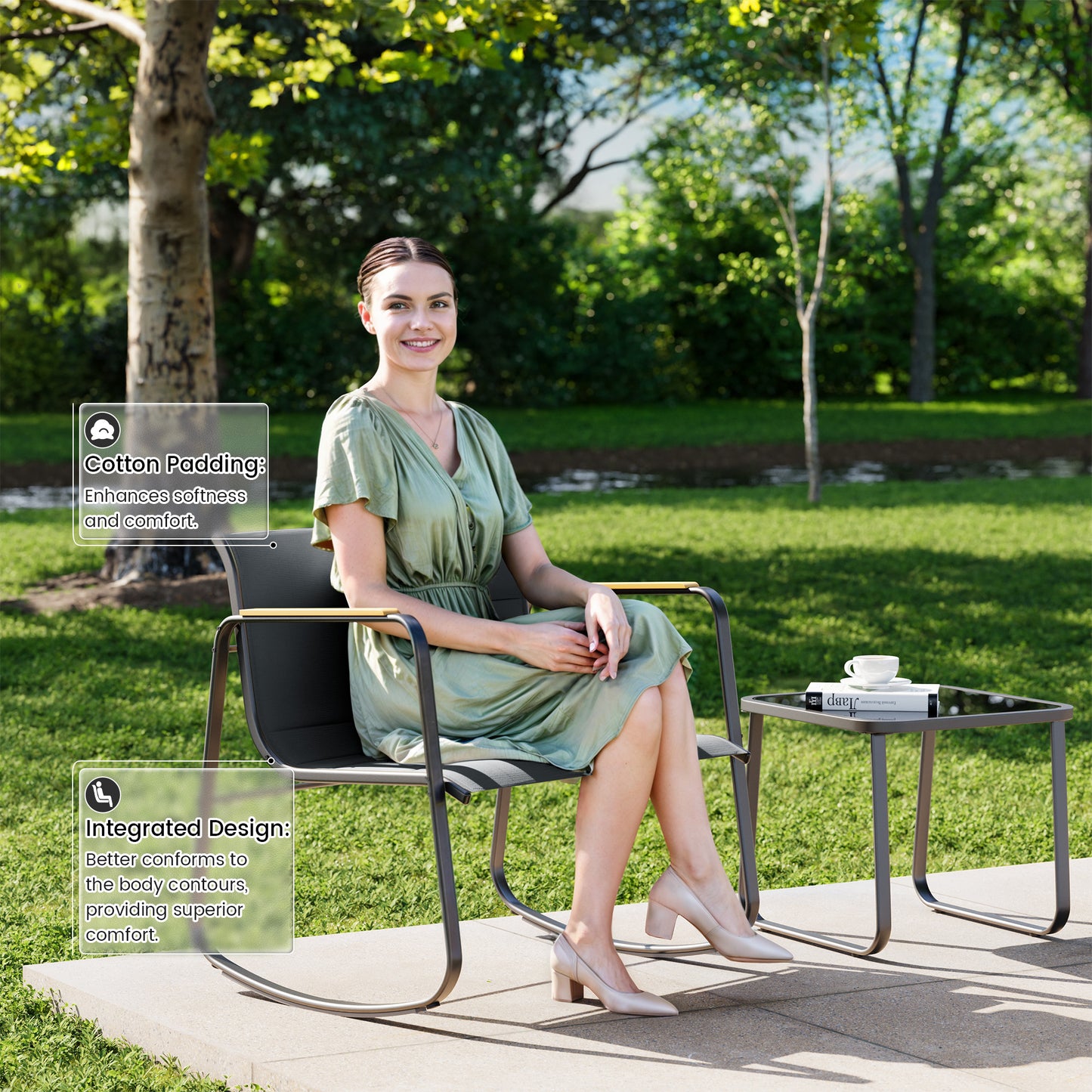 VONZOY 3 Piece Patio Rocking Bistro Set, Outdoor Furniture Sets with Rocker Chairs and Glass Coffee Table, Thick Padded Patio Bistro Sets for Front Porch, Front Porch，Backyard and Lawn (Grey)