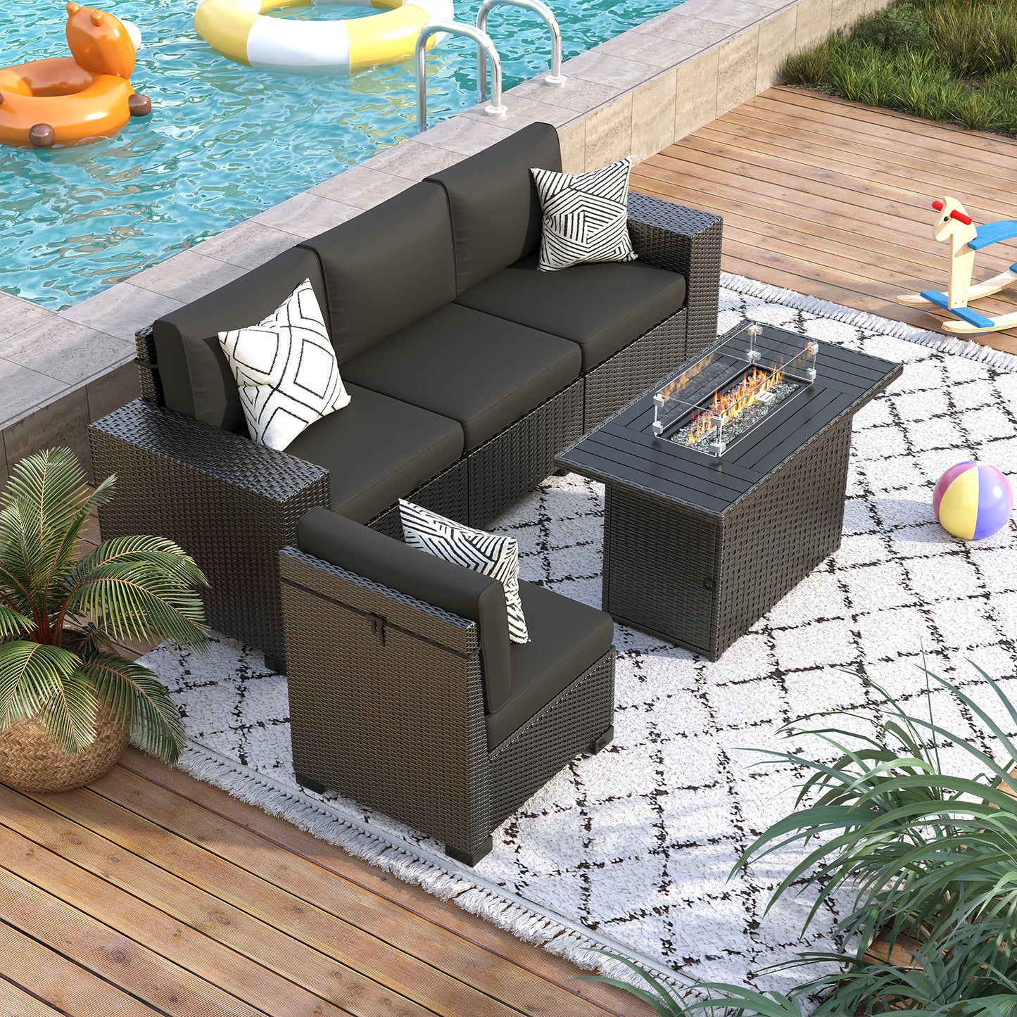 VONZOY 5 Piece Patio Furniture Set with Fire Pit Table