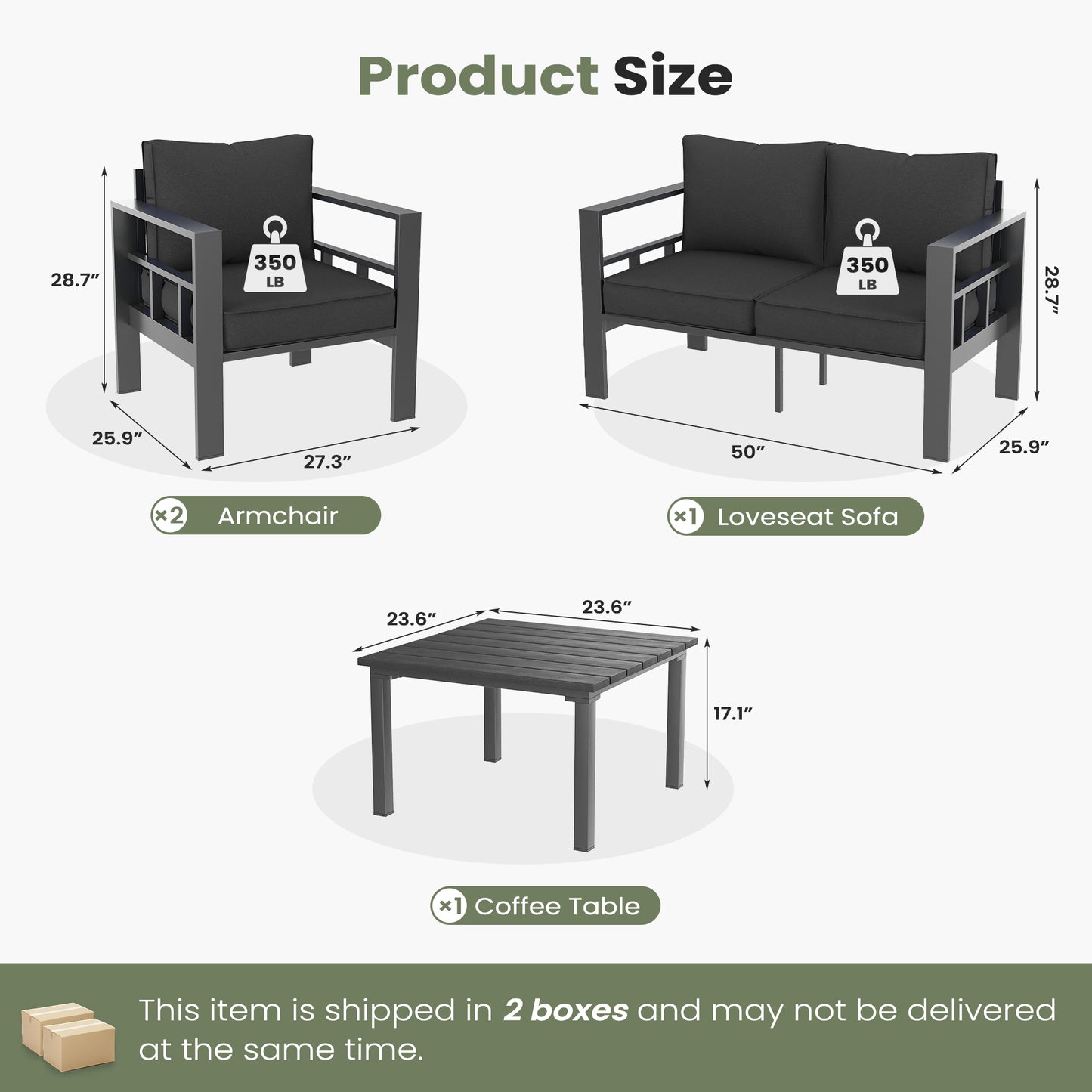 VONZOY 4 Piece Aluminum Patio Furniture Set, Thick Cushions, Aluminum Outdoor Sectional Conversation Set with Coffee Table for Porch, Backyard, Deck(Grey/Dark Grey-1)