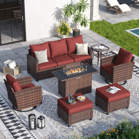 VONZOY 7 Pieces Patio Furniture Set with 44" Fire Pit Table, Patio Sectional Conversation Sets with Rocking Chair, Gas Fire Pit, Ottomans, Side Table, 4" Thick Cushion for Backyard Garden , Wine Red