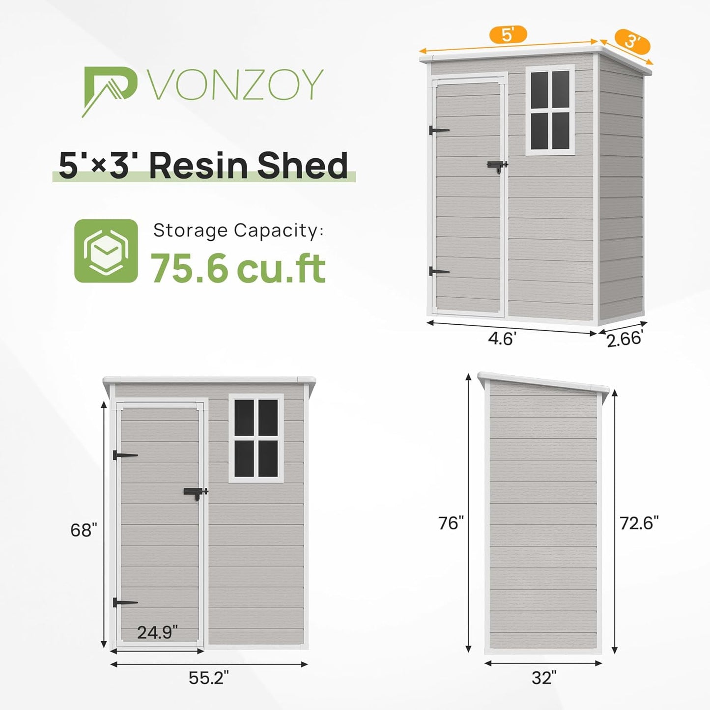 VONZOY Resin Outdoor Storage Shed with Floor, 5x3FT Plastic Garden Shed, Lockable Door & Window, Waterproof Tool Shed for Bike, Garbage Can, Lawn Mower, Patio Furniture Bedge