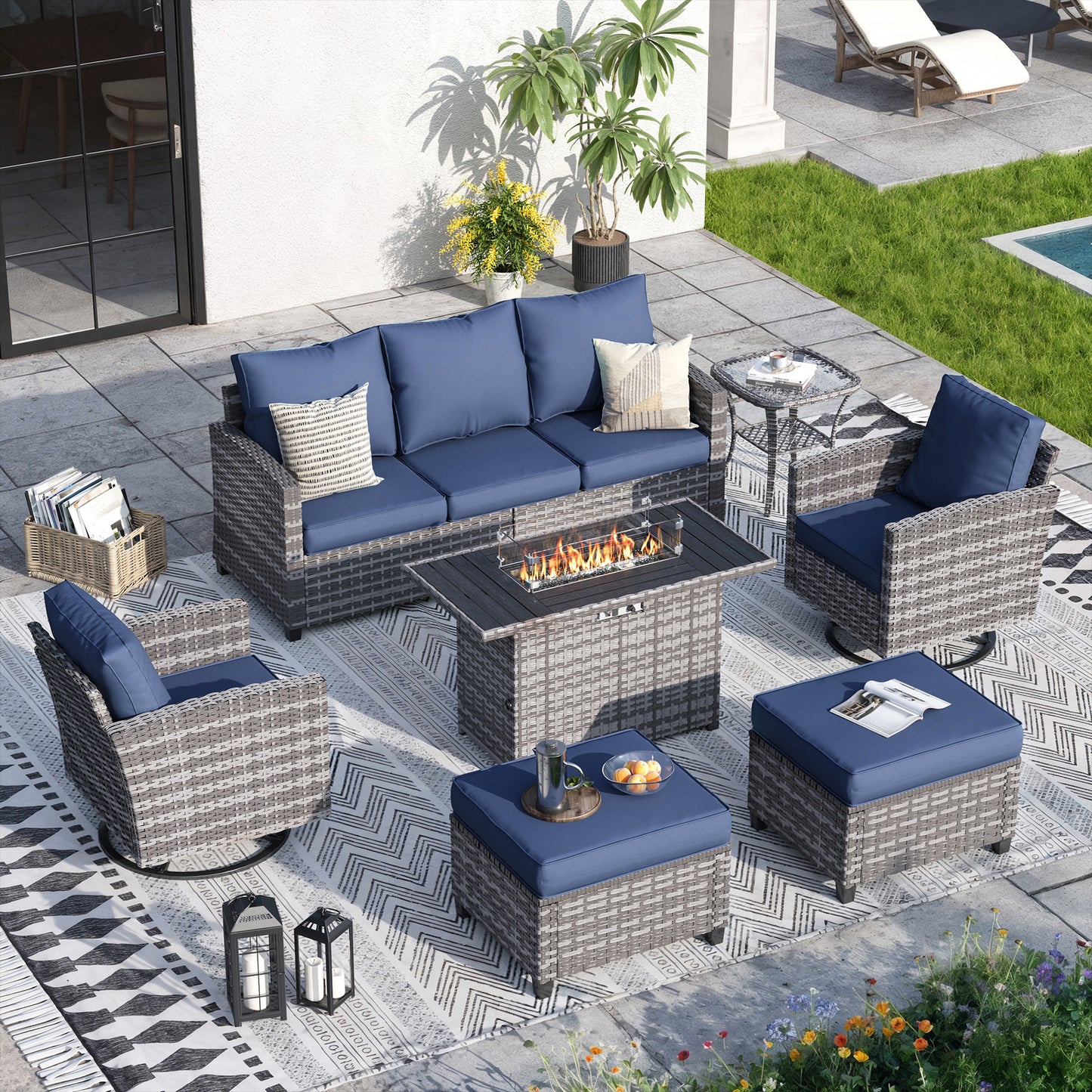 VONZOY 7 Pieces Patio Furniture Set with 44" Fire Pit Table, Patio Sectional Conversation Sets with Rocking Chair, Gas Fire Pit, Ottomans, Side Table, 4" Thick Cushion for Backyard Garden, Navy Blue
