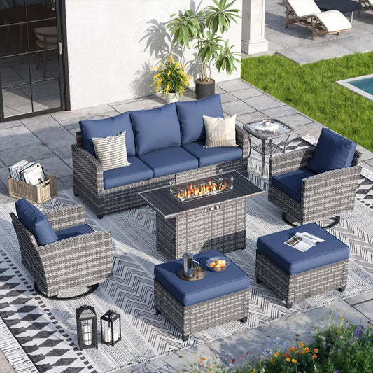 VONZOY 7 Pieces Patio Furniture Set with 44" Fire Pit Table, Patio Sectional Conversation Sets with Rocking Chair, Gas Fire Pit, Ottomans, Side Table, 4" Thick Cushion for Backyard Garden, Navy Blue