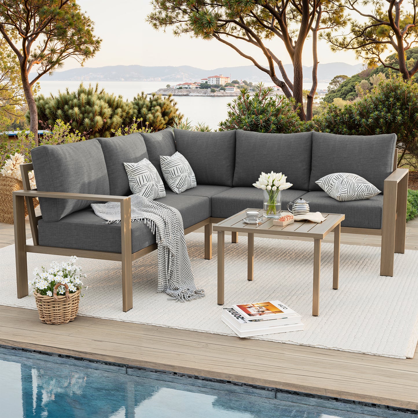 VONZOY 6 Pieces Patio Furniture Set, Wood-Look Metal Outdoor Sectional Furniture Conversation Set, L Shape Patio Couch with Side Table, 6.5" Thick Olefin Cushions for Garden, Backyard, Deck(Dark Grey)