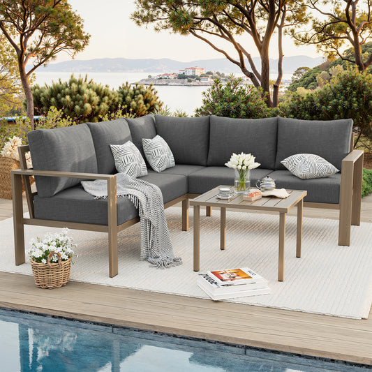 VONZOY 6 Pieces Patio Furniture Set, Wood-Look Metal Outdoor Sectional Furniture Conversation Set, L Shape Patio Couch with Side Table, 6.5" Thick Olefin Cushions for Garden, Backyard, Deck(Dark Grey)