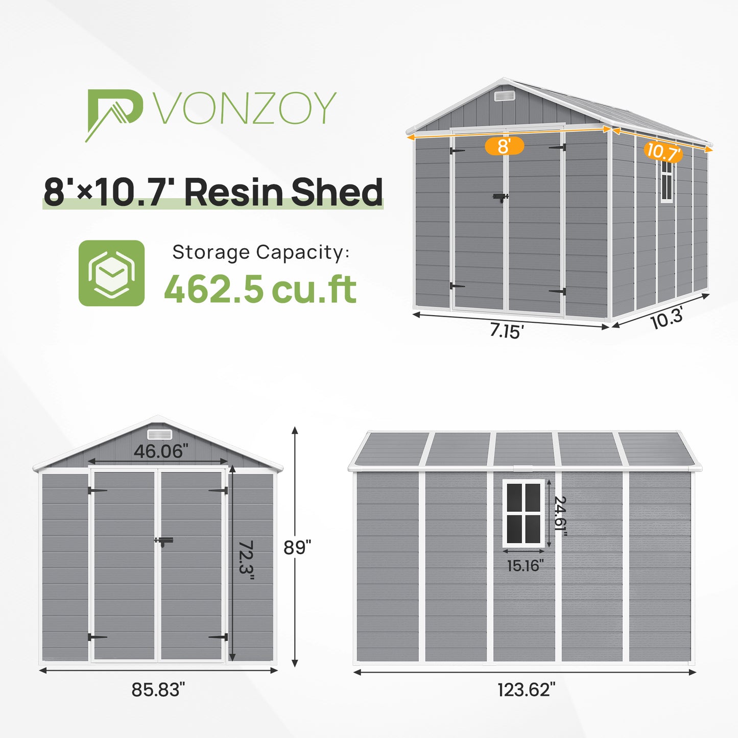 VONZOY Resin Outdoor Storage Shed with Floor, 8x10.5 FT Plastic Garden Shed with Lockable Door & Window for Bike, Garbage Can, Lawn Mower, Grey White