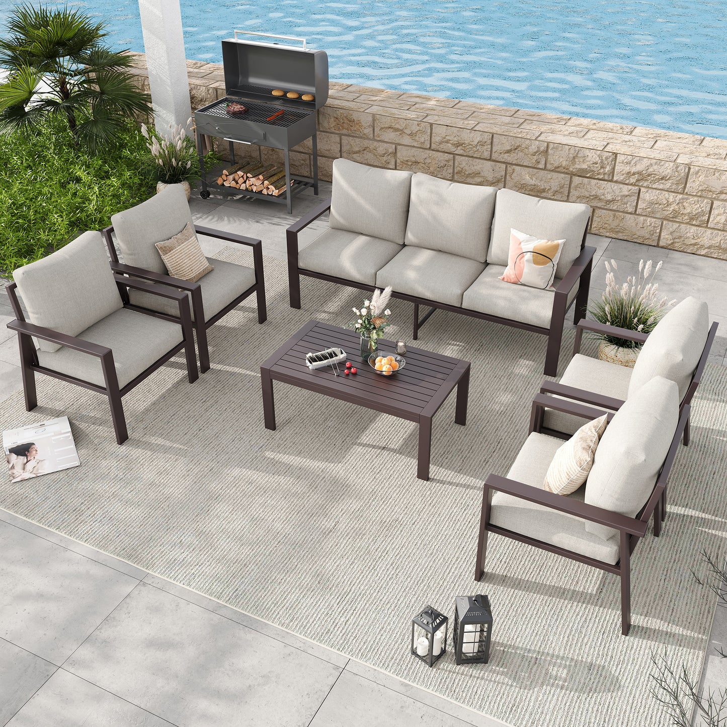 Aluminum Patio Conversation Set with Coffee Table Deck Outdoor Furniture All-Weather Rust-Proof 6-Piece Sectional Sofa Set with Removable Cushion for Backyard, Poolside & Small Spaces