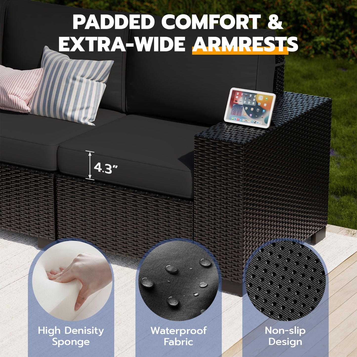 VONZOY Patio Furniture Set, Wide Armrest Outdoor Furniture Set with Thick Cushions, 6 Piece Wicker Rattan Patio Sectional Sofa for Backyard, Poolside, Garden
