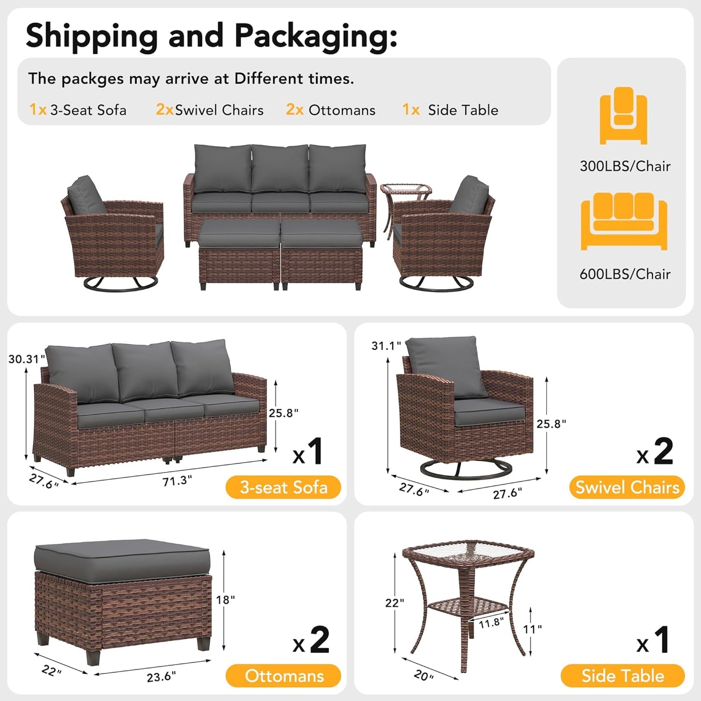 VONZOY Patio Furniture Set, 6 Pcs Patio Outdoor Sectional, Wicker Outdoor Couch with Swivel Chair, Ottomans, Side Table, 4" Thick Cushion, for Garden Backyard Deck,Dark Grey