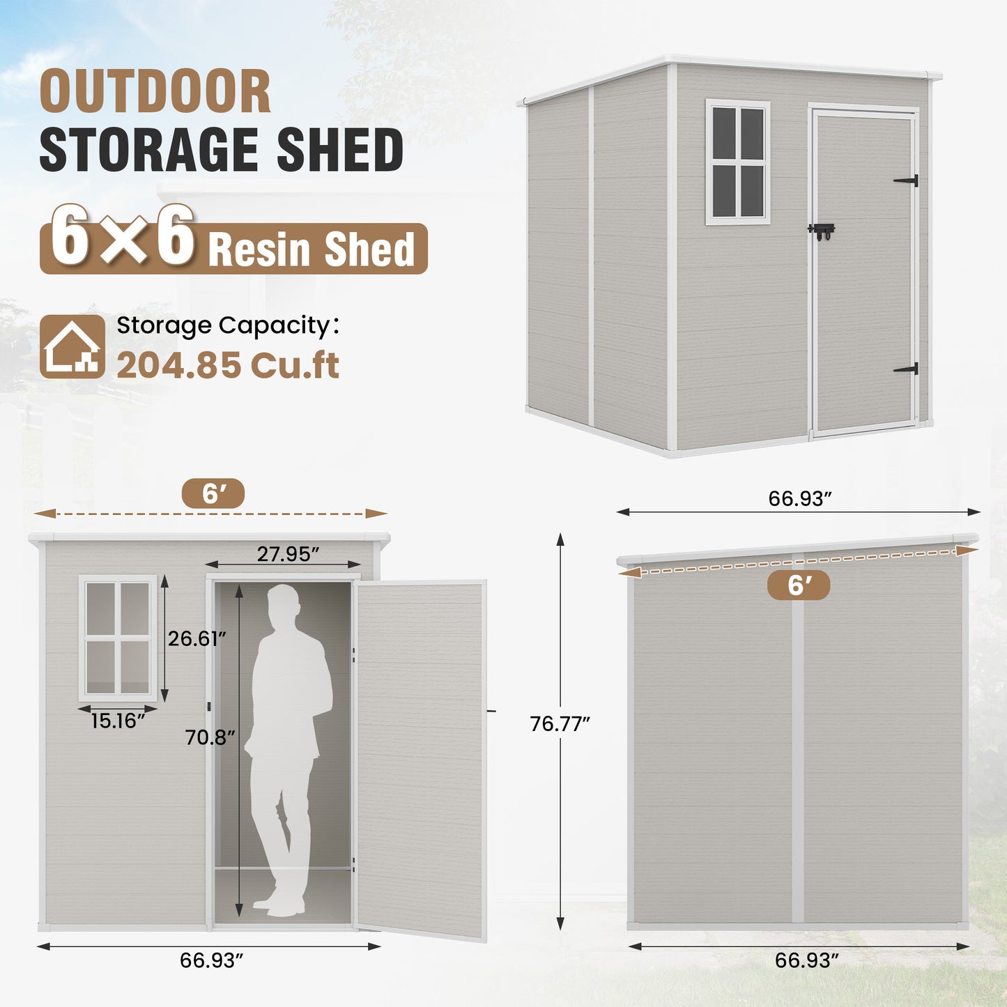 VONZOY Outdoor Storage Shed, 6x6 FT Resin Shed with Floor and Lockable Door, Window & Vents, Tool Sheds & Outdoor Storage for Bike, Garden Accessories, Tools, Waterproof
