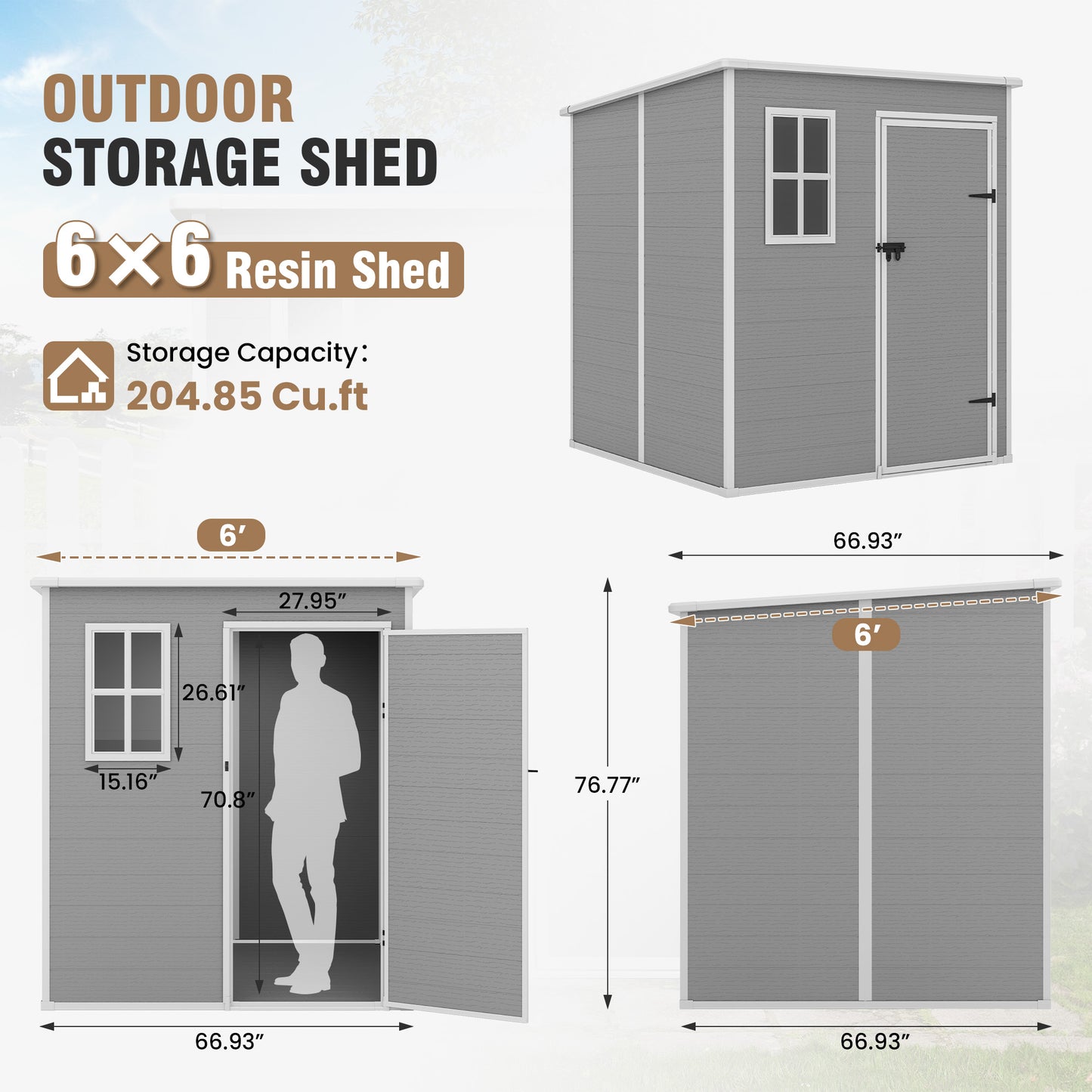 VONZOY Outdoor Storage Shed, 6x6 FT Resin Shed with Floor and Lockable Door, Window & Vents, Tool Sheds & Outdoor Storage for Bike, Garden Accessories, Tools, Waterproof