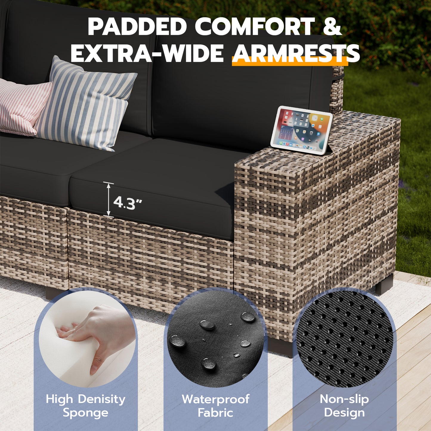 VONZOY Patio Furniture Set, Wide Armrest Outdoor Furniture Set with Thick Cushions, 6 Piece Wicker Rattan Patio Sectional Sofa for Backyard, Poolside, Garden