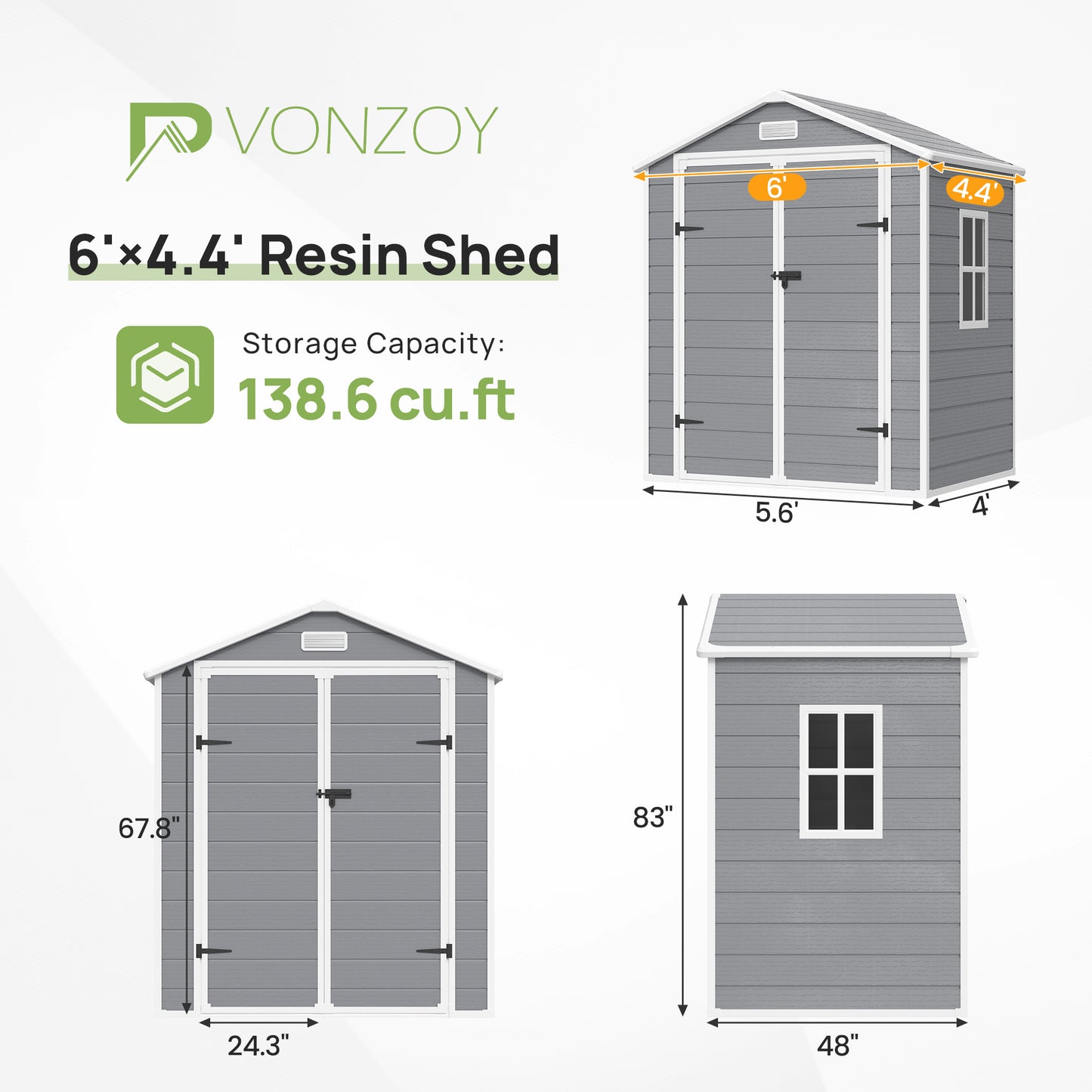 VONZOY Outdoor Storage Sheds with Floor, 6x4.5 FT Resin Garden Shed with Lockable Door, Window, Waterproof, Plastic Tool Storage for Bike, Garbage Can, Grey White