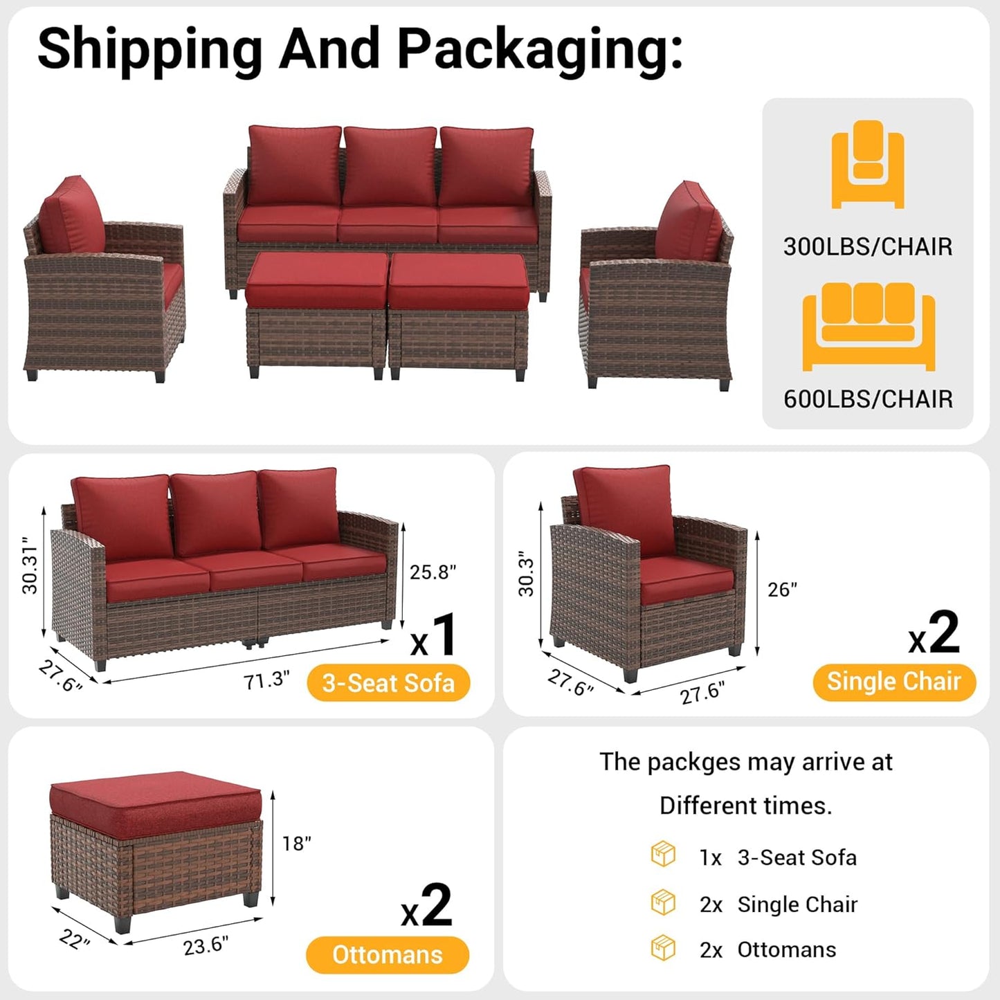 VONZOY Outdoor Furniture Set, 5 Pcs Wicker Patio Couch with Chairs, Ottomans and Thick Cushions, All Weather Wicker Rattan Patio Conversation Set,Wine Red
