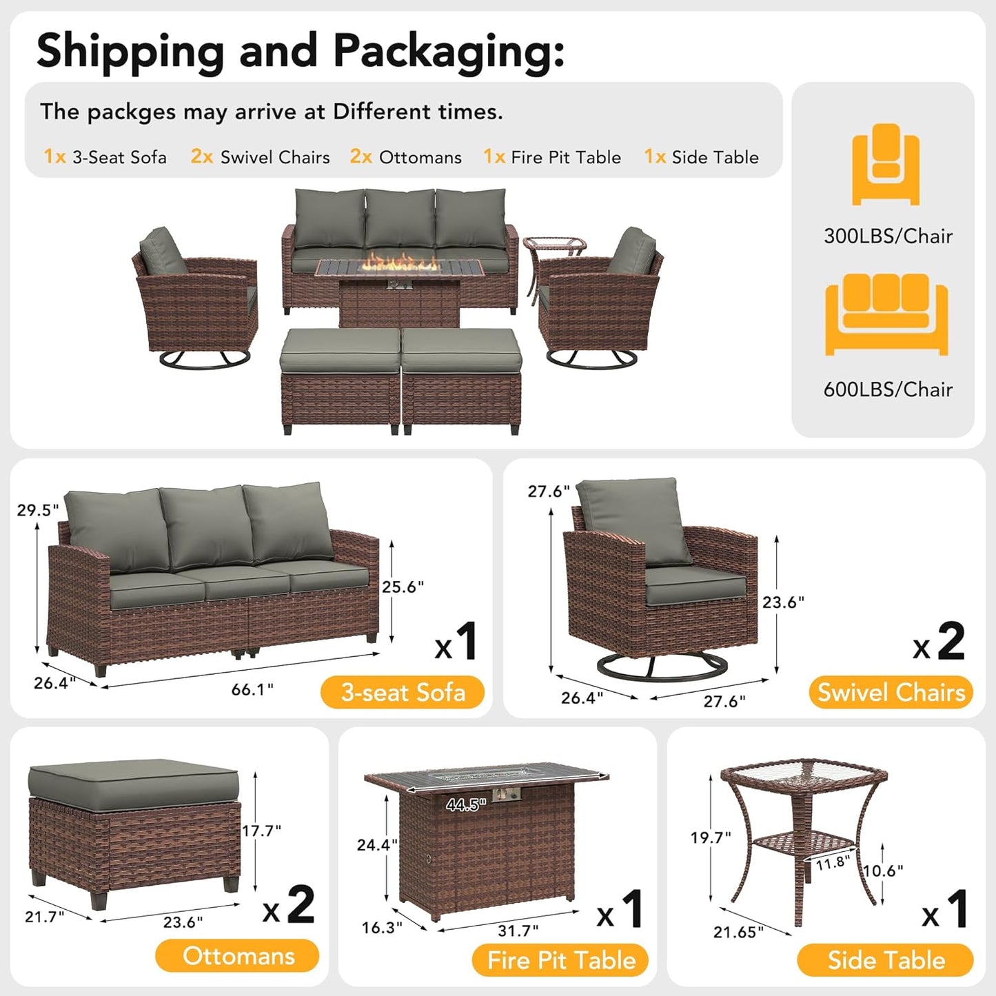 VONZOY 7 Pcs Outdoor Furniture with 44" Fire Pit Table, Rattan Patio Conversation Sets with Swivel Chair, Gas Fire Pit, Ottomans, Side Table, 4" Thick Cushion, for Backyard Garden Deck,Dark Grey
