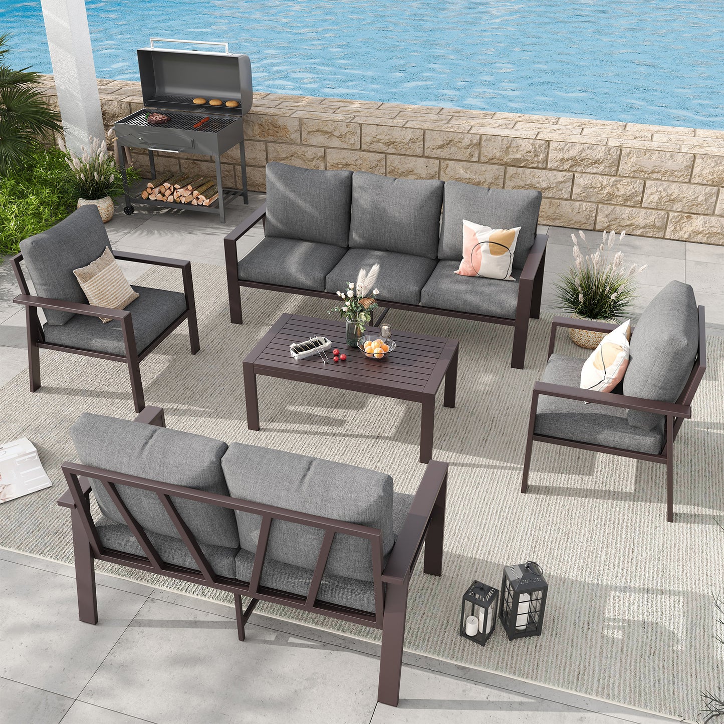 5-Piece Outdoor Furniture All-Weather Aluminum Patio Conversation Set with Coffee Table Rust-Proof Sectional Sofa Set with Removable Cushion for Deck, Backyard, Poolside & Small Spaces