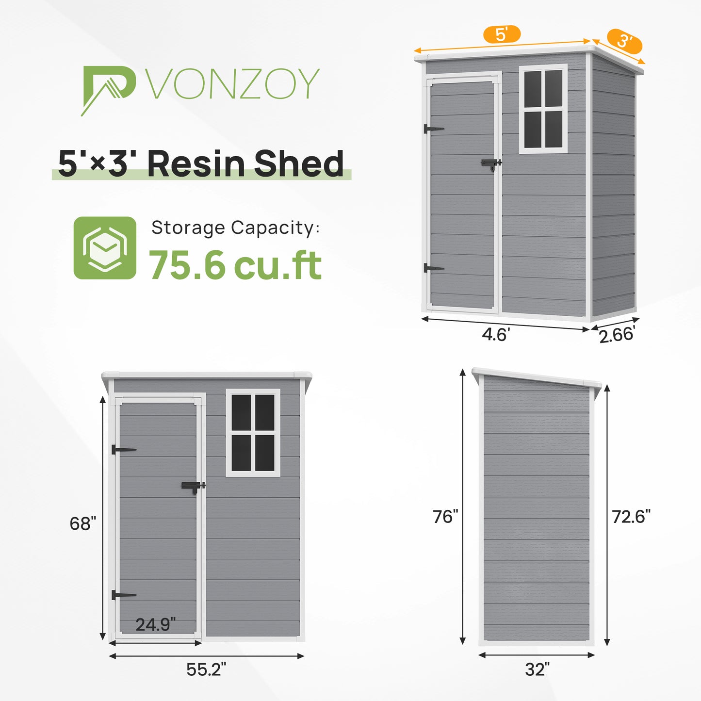 VONZOY Outdoor Plastic Storage Shed with Floor, 5x3 FT Waterproof Resin Shed with Lockable Door & Window for Bike, Garbage Can, Lawn Mower, Grey White