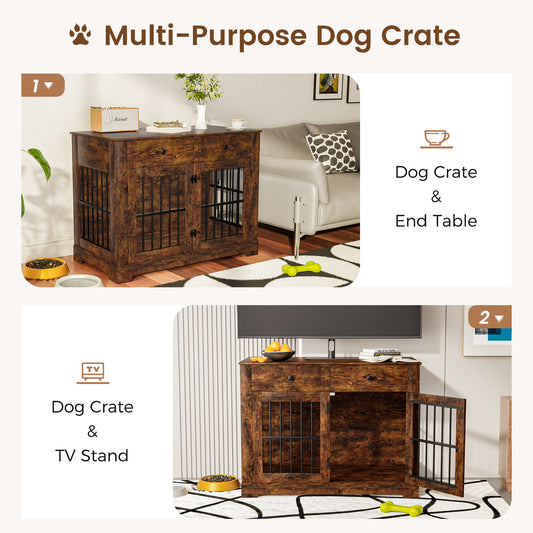 44.5" Dog Crate Furniture with Charging Station & 2 Drawers, Heavy-Duty Wooden Dog House Indoor Dog Kennel End Table with Double-Door Pet Cage for Small/Medium Dogs
