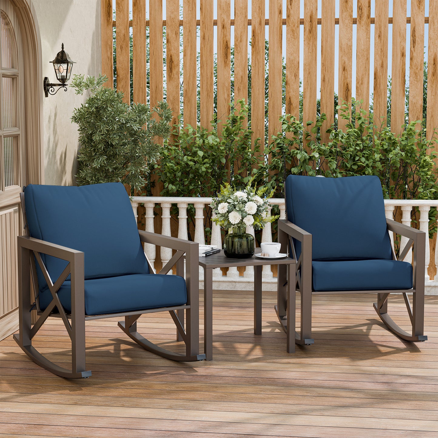 VONZOY Outdoor Rocking Bistro Set, Patio Rocking Chairs Set of 2 with Coffee Table, 3 Pieces Metal Conversation Sets with 6.5" Thick Cushions for Backyard, Porch, Poolside, Oversized (Blue)