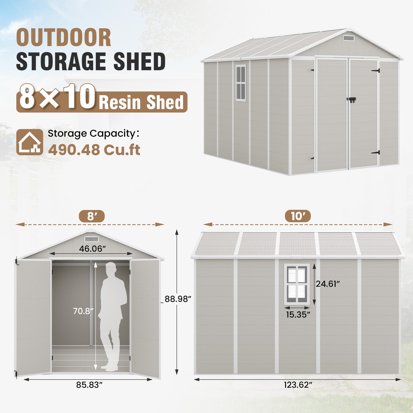 VONZOY Outdoor Storage Shed, 8x10 FT Resin Shed with Floor and Window, Lockable Door, Vents, Tool Sheds & Outdoor Storage for Bike, Tools, Garden Accessories, Waterproof