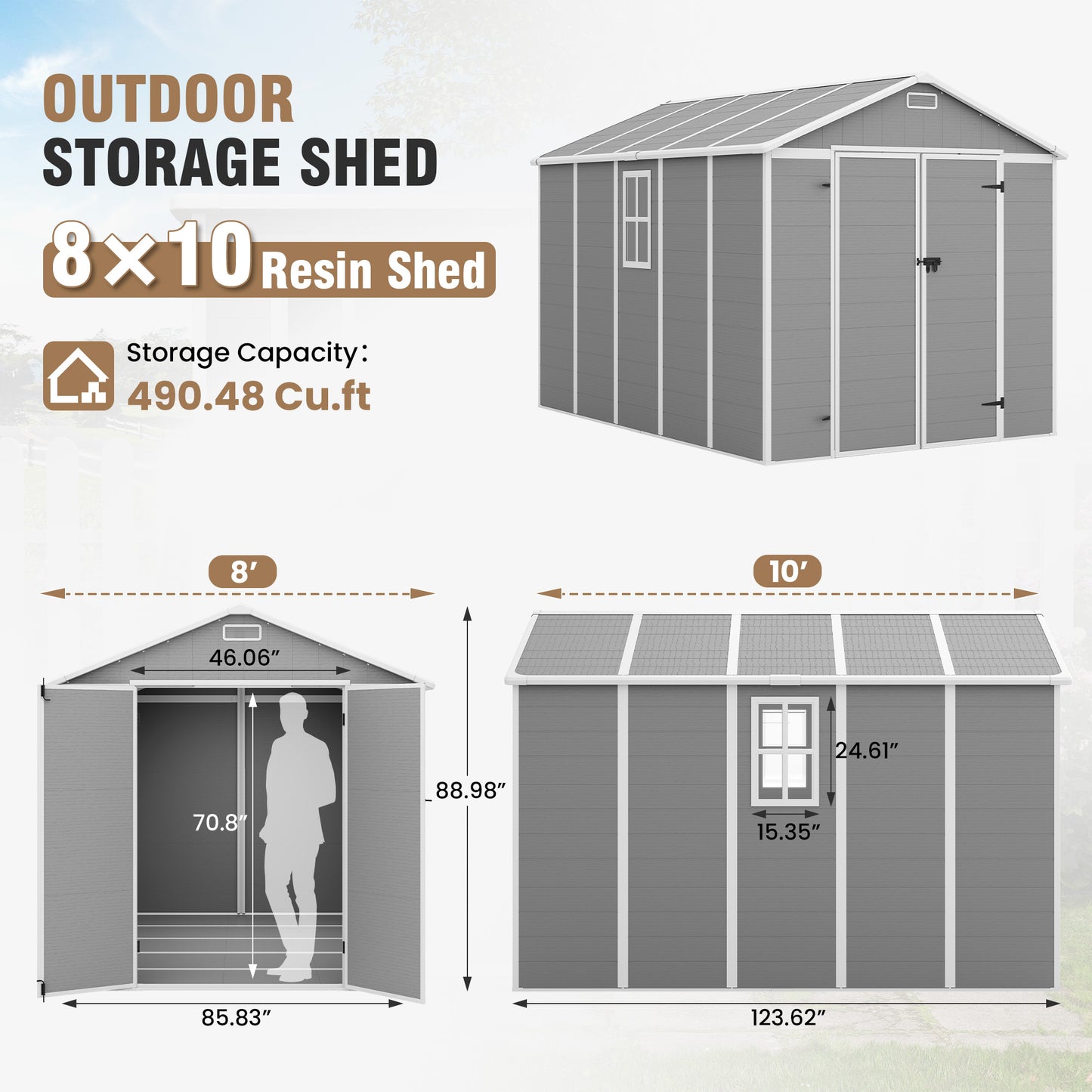 VONZOY Outdoor Storage Shed, 8x10 FT Resin Shed with Floor and Window, Lockable Door, Vents, Tool Sheds & Outdoor Storage for Bike, Tools, Garden Accessories, Waterproof