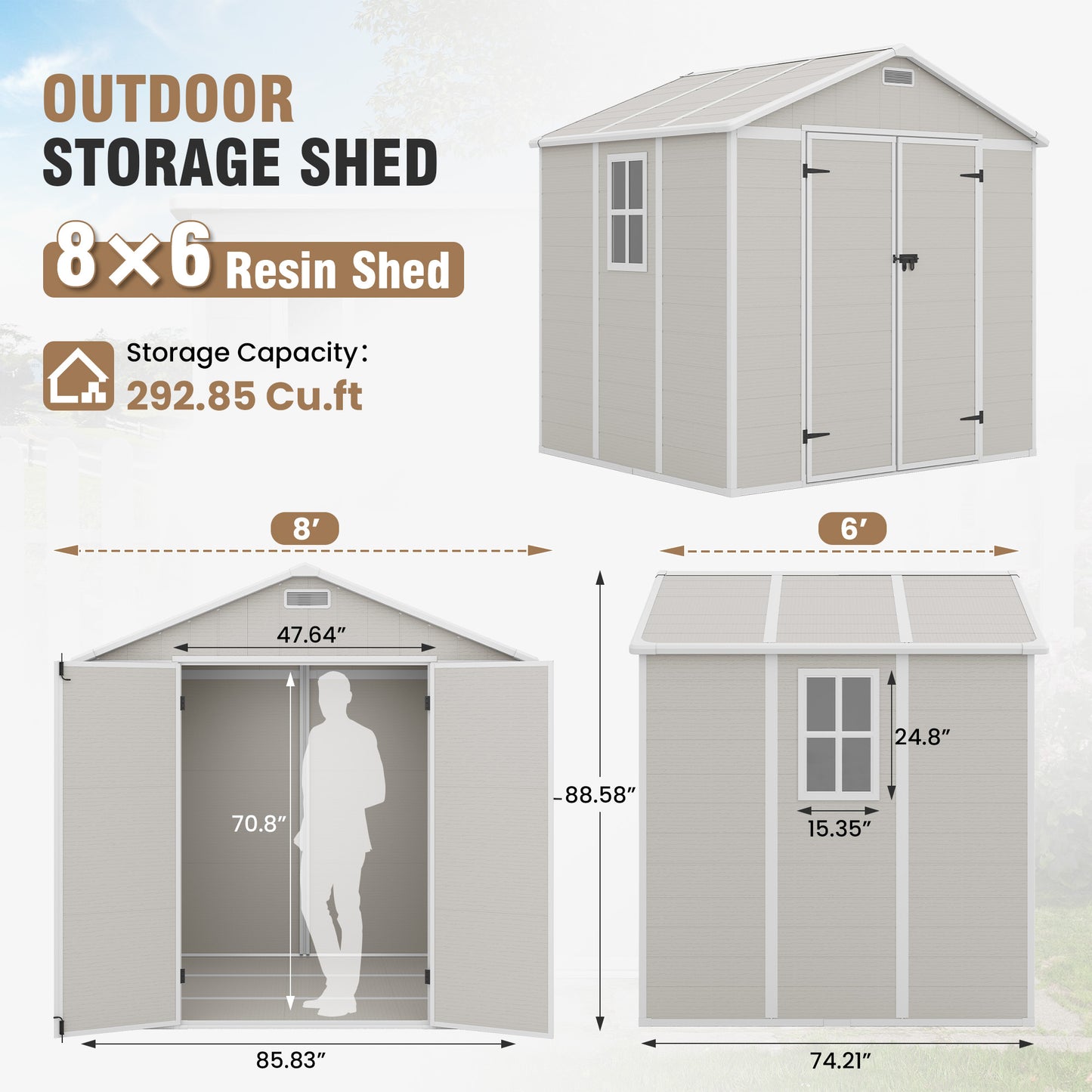 VONZOY Outdoor Storage Shed, 8x6 FT Resin Shed with Floor and Lockable Door, Window & Vents, Tool Sheds & Outdoor Storage for Bike, Garden Accessories, Tools, Waterproof