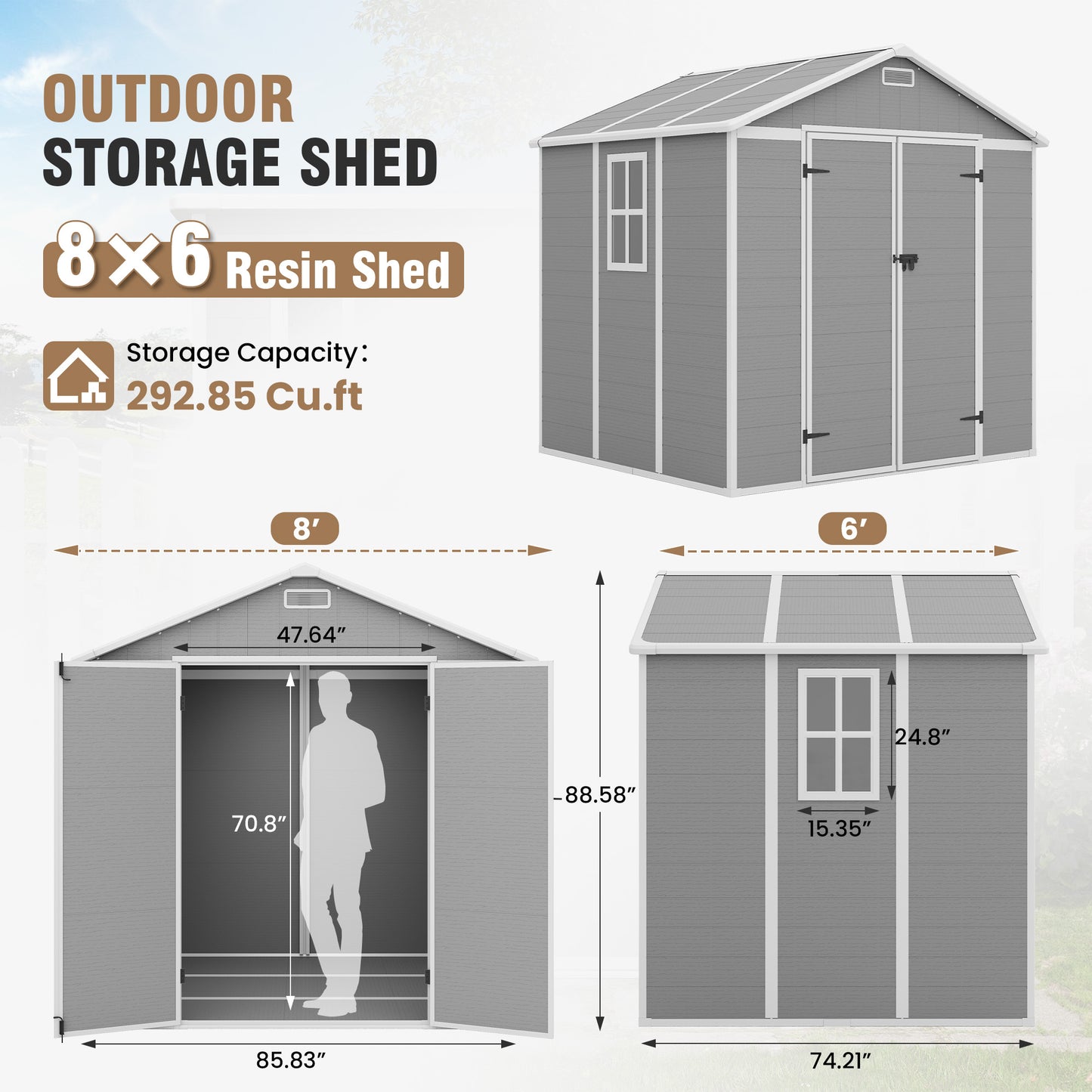 VONZOY Outdoor Storage Shed, 8x6 FT Resin Shed with Floor and Lockable Door, Window & Vents, Tool Sheds & Outdoor Storage for Bike, Garden Accessories, Tools, Waterproof