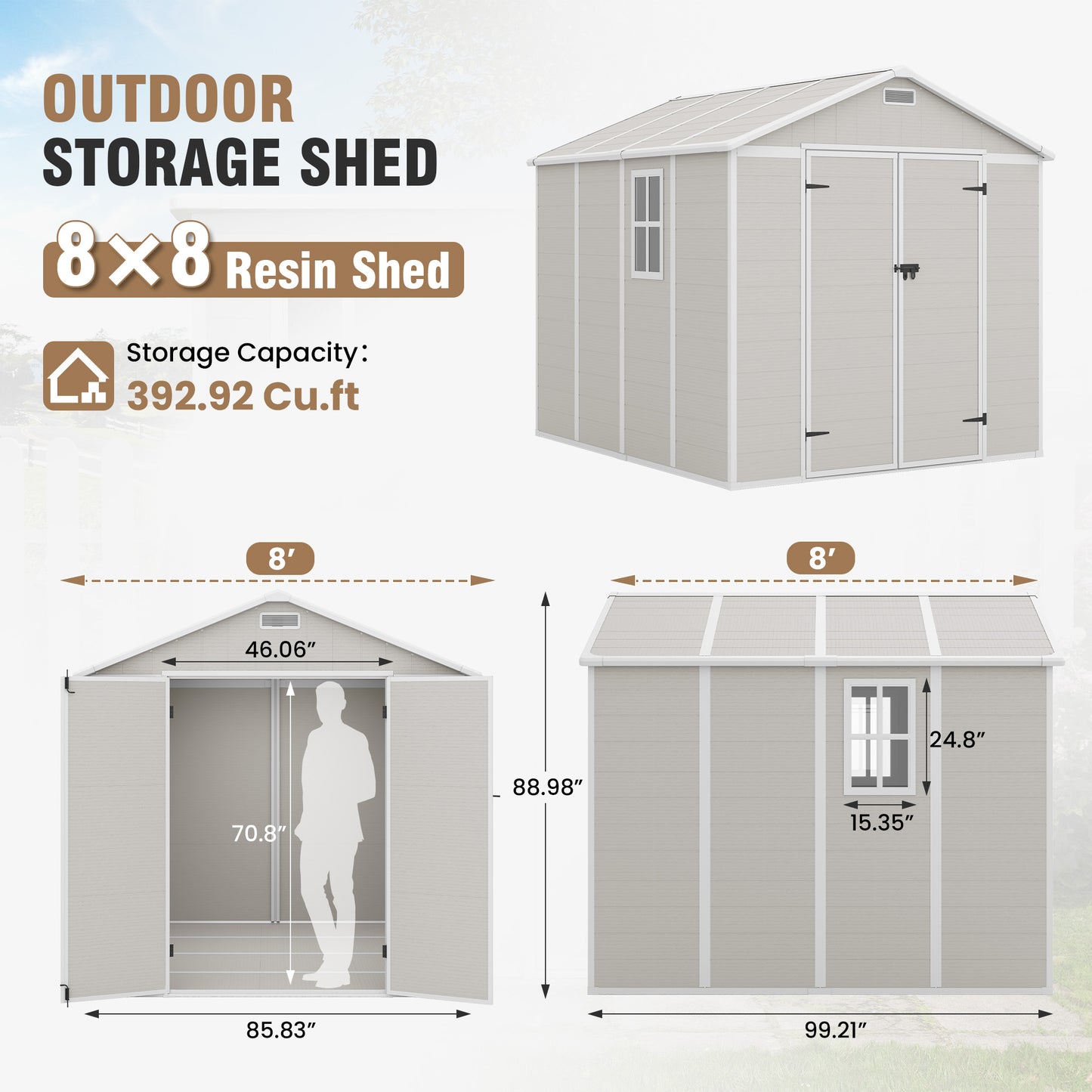VONZOY Outdoor Storage Shed, 8x8 FT Resin Shed with Floor and Lockable Door, Window & Vents, Tool Sheds & Outdoor Storage for Bike, Garden Accessories, Tools, Waterproof