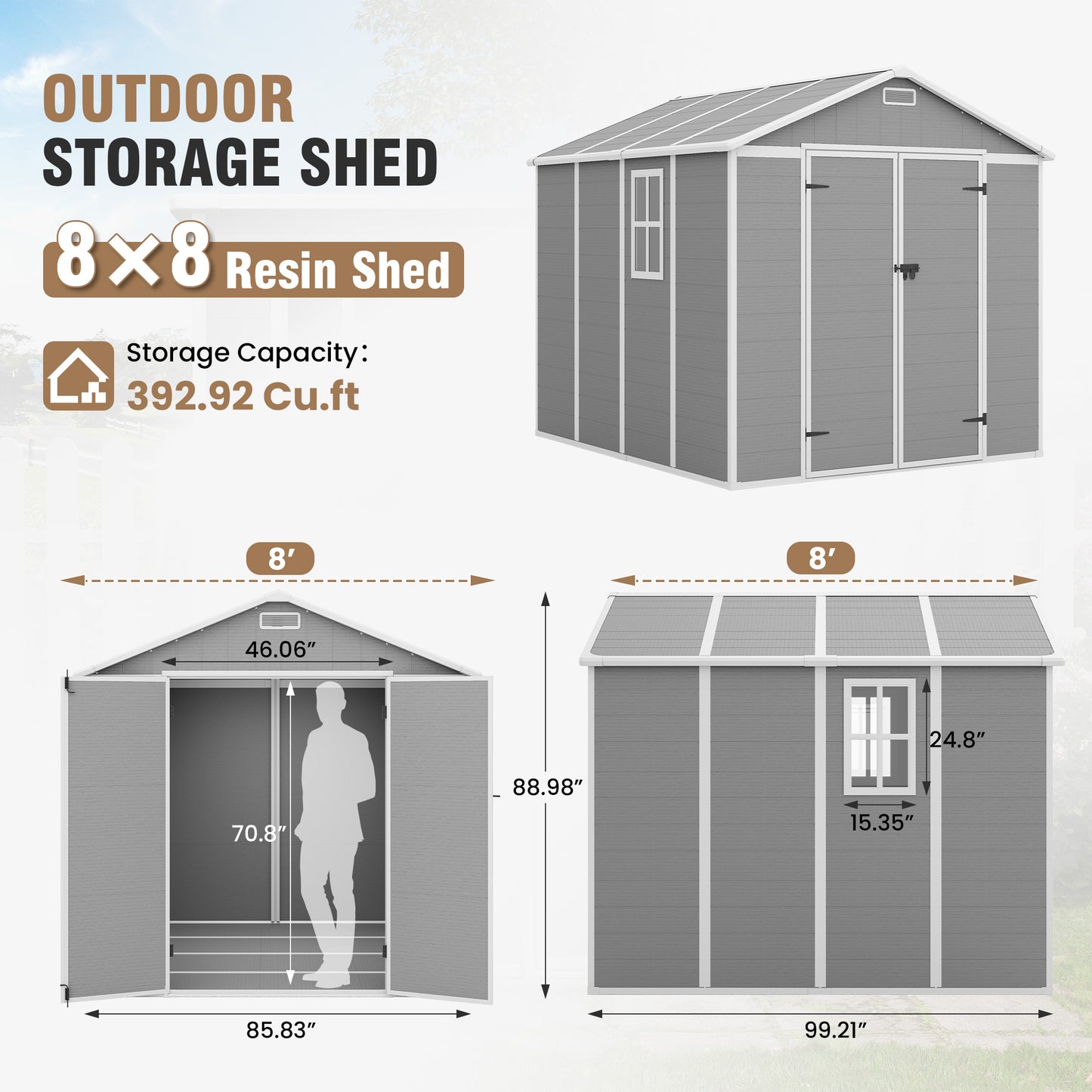 VONZOY Outdoor Storage Shed, 8x8 FT Resin Shed with Floor and Lockable Door, Window & Vents, Tool Sheds & Outdoor Storage for Bike, Garden Accessories, Tools, Waterproof
