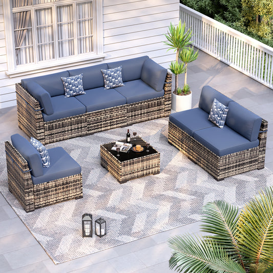 VONZOY Patio Furniture Sets, 7-Piece Outdoor Patio Furniture with Thick Cushions,Coffee Table Outdoor All-Weather Conversation Set Sectional Sofa for Backyard, Poolside, Garden(Navy Blue)