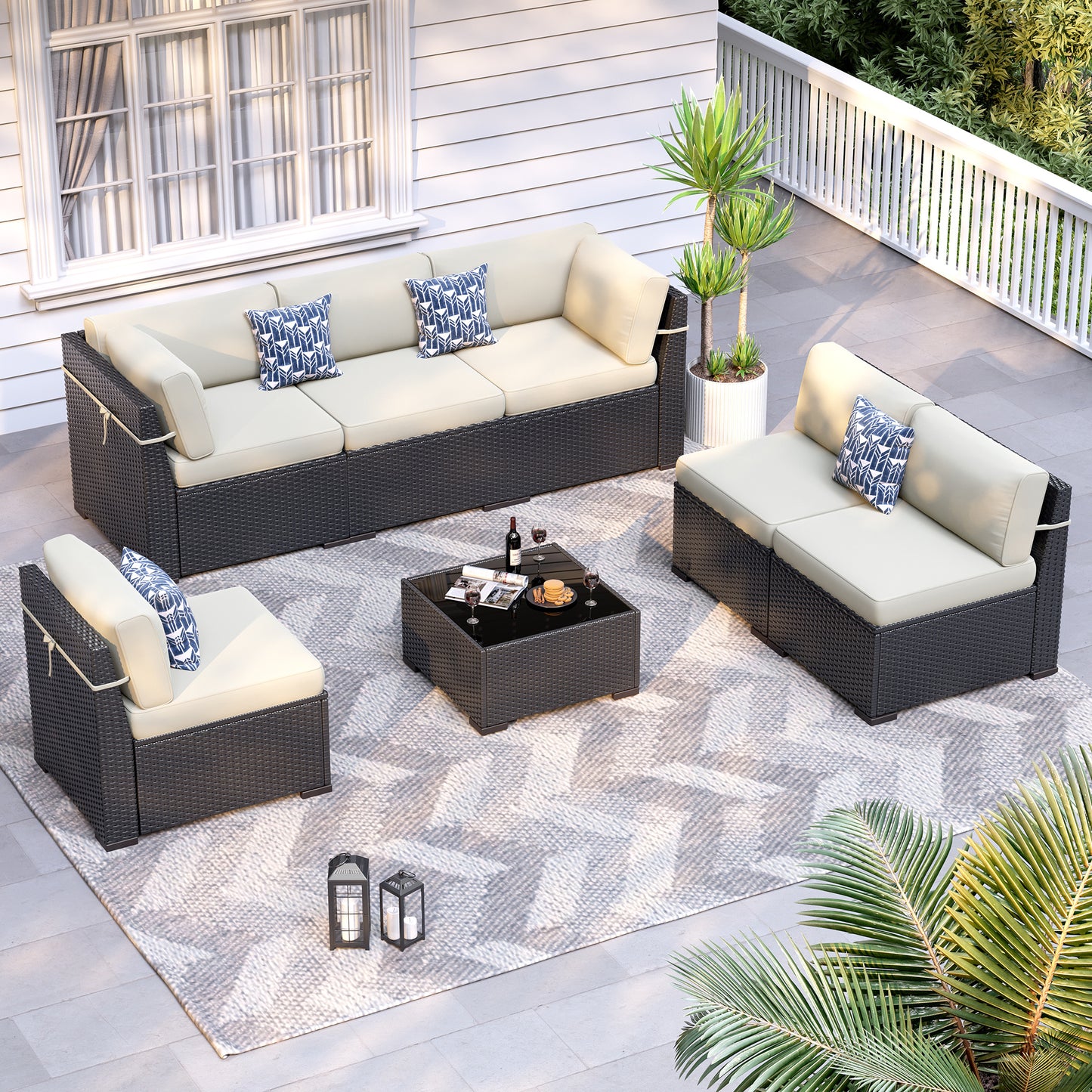 VONZOY 8-Piece Patio Furniture Set with 44” Fire Pit Table - All-Weather Wicker Conversation Sectional Sofa & Coffee Table with Thickened Cushions for Backyard, Garden(Beige)