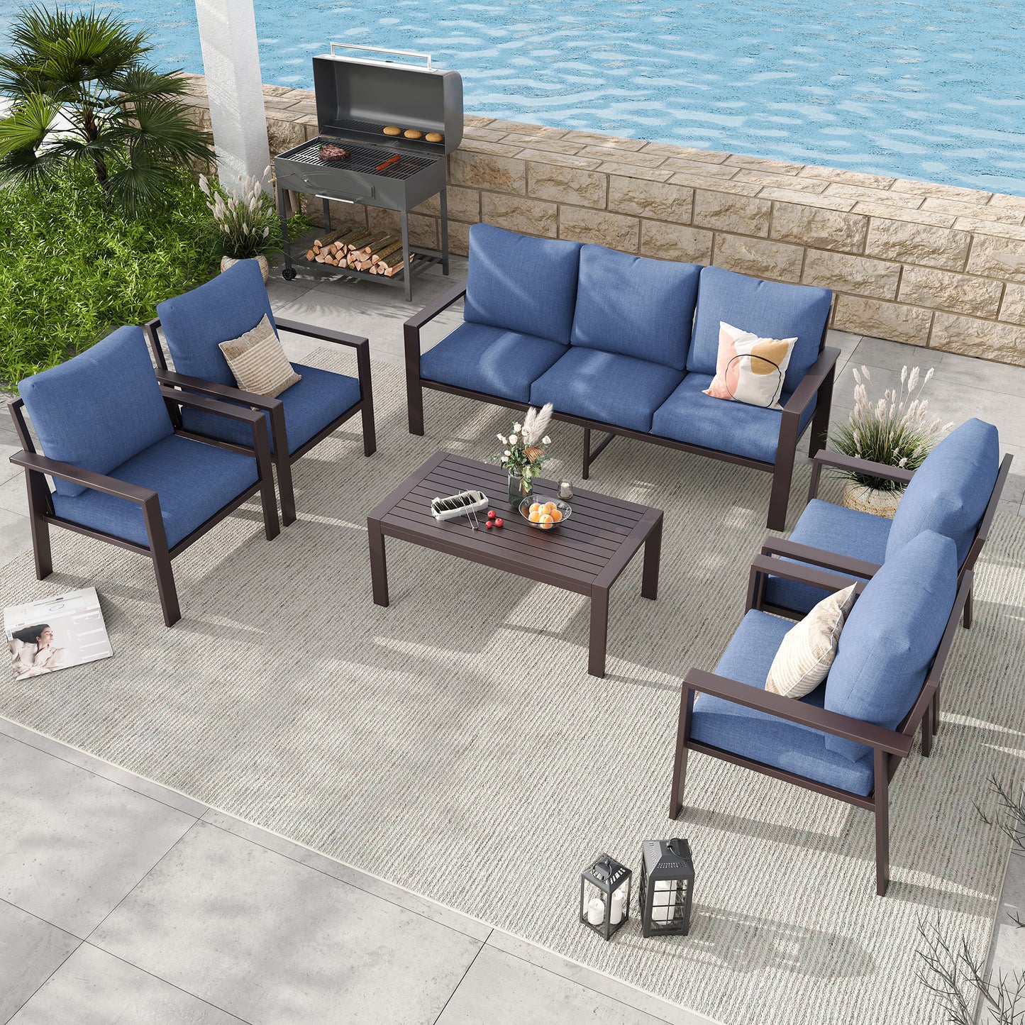 Aluminum Patio Conversation Set with Coffee Table Deck Outdoor Furniture All-Weather Rust-Proof 6-Piece Sectional Sofa Set with Removable Cushion for Backyard, Poolside & Small Spaces