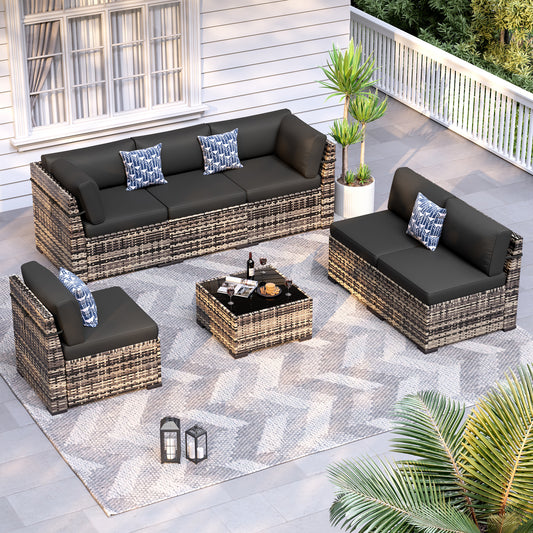 VONZOY Patio Furniture Sets, 7-Piece Outdoor Patio Furniture with Thick Cushions,Coffee Table Outdoor All-Weather Conversation Set Sectional Sofa for Backyard, Poolside, Garden(Black)