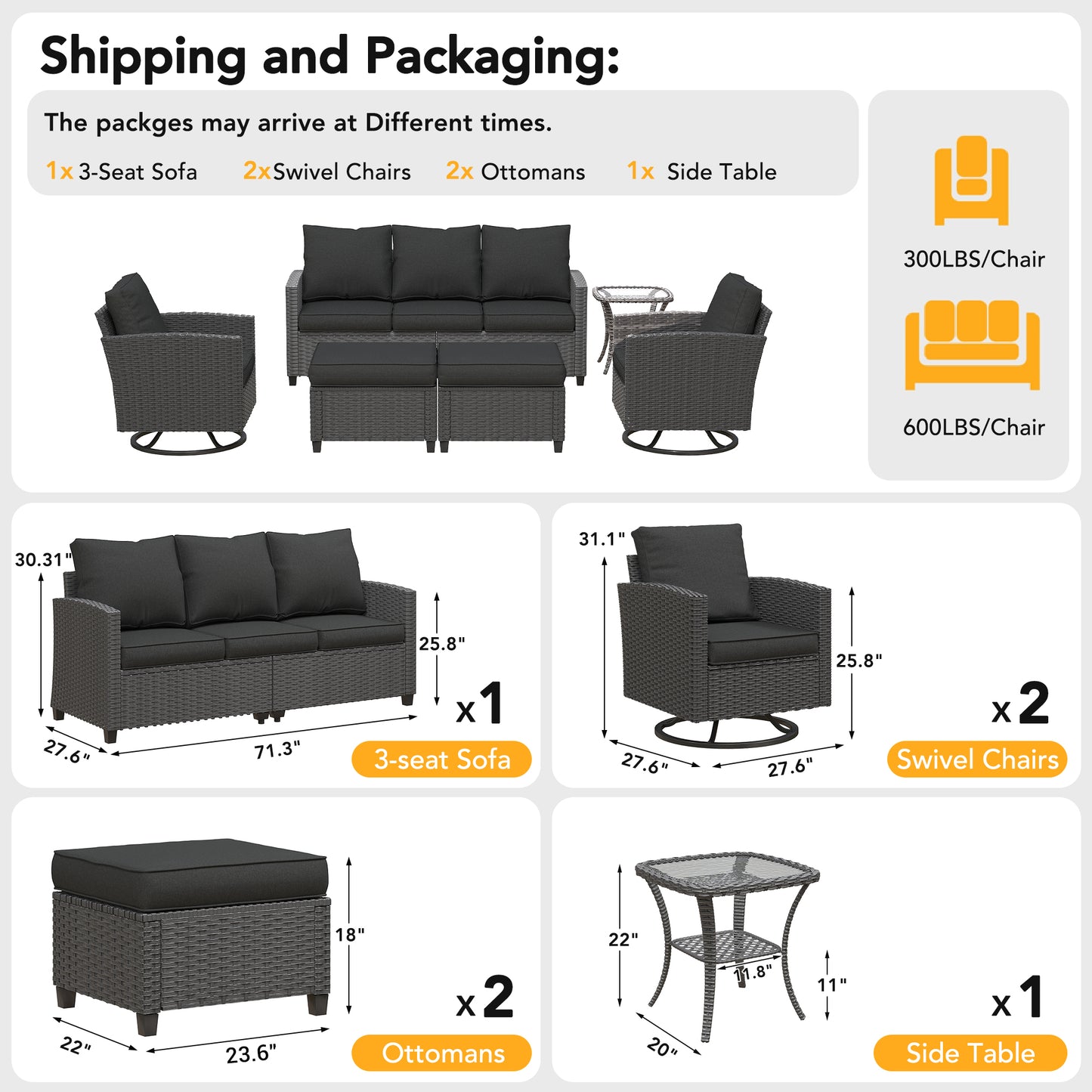 VONZOY Patio Furniture Set, 6 Pcs Patio Outdoor Sectional, Wicker Outdoor Couch with Swivel Chair, Ottomans, Side Table, 4" Thick Cushion, for Garden Backyard Deck.Black