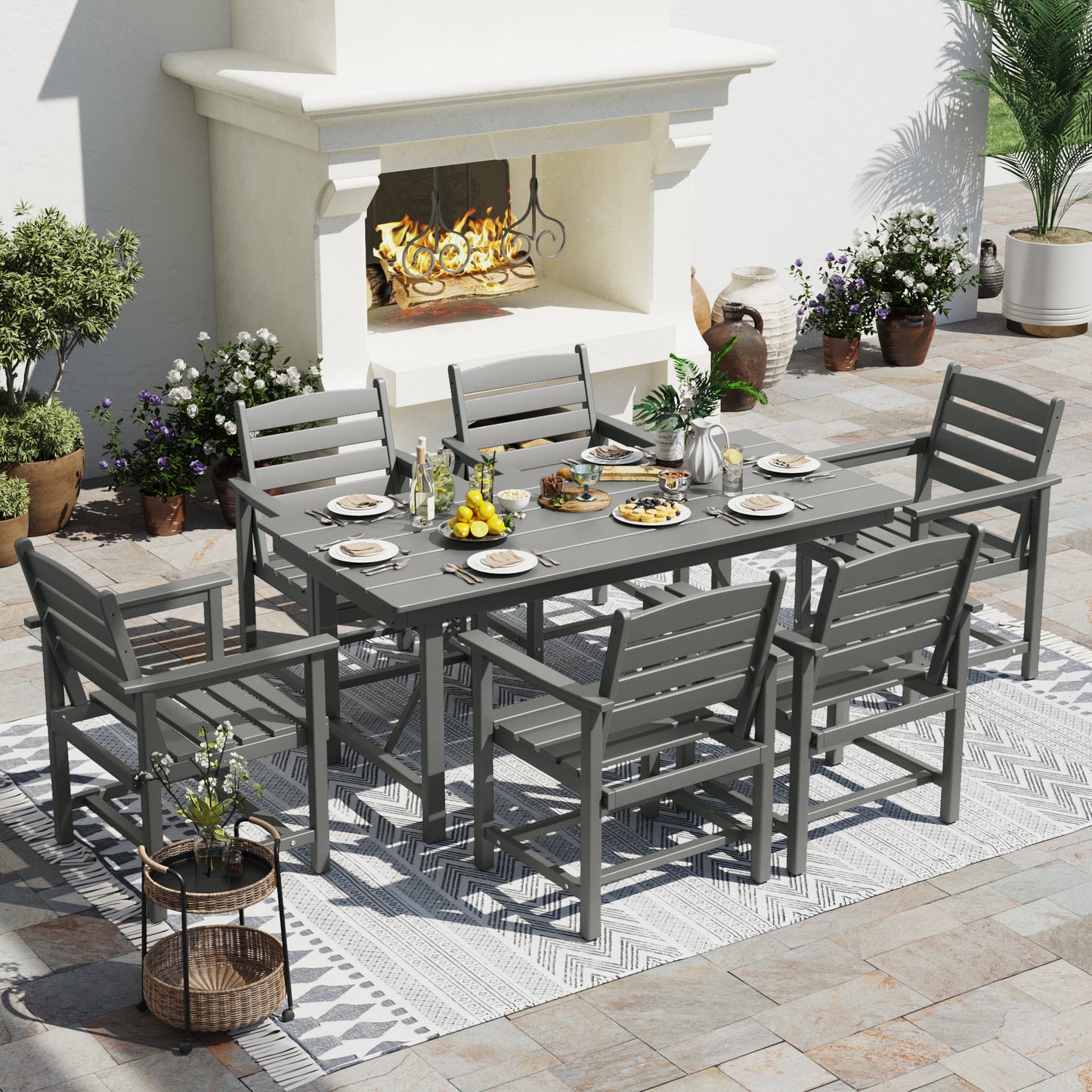 VONZOY 7-Piece Patio Dining Sets, HDPE Outdoor Furniture with Umbrella Hole, Modern 7 Piece Dining Table Set with Chairs，Patio Table and Chairs Set for Garden, Backyard, Poolside, Gray (6+1)