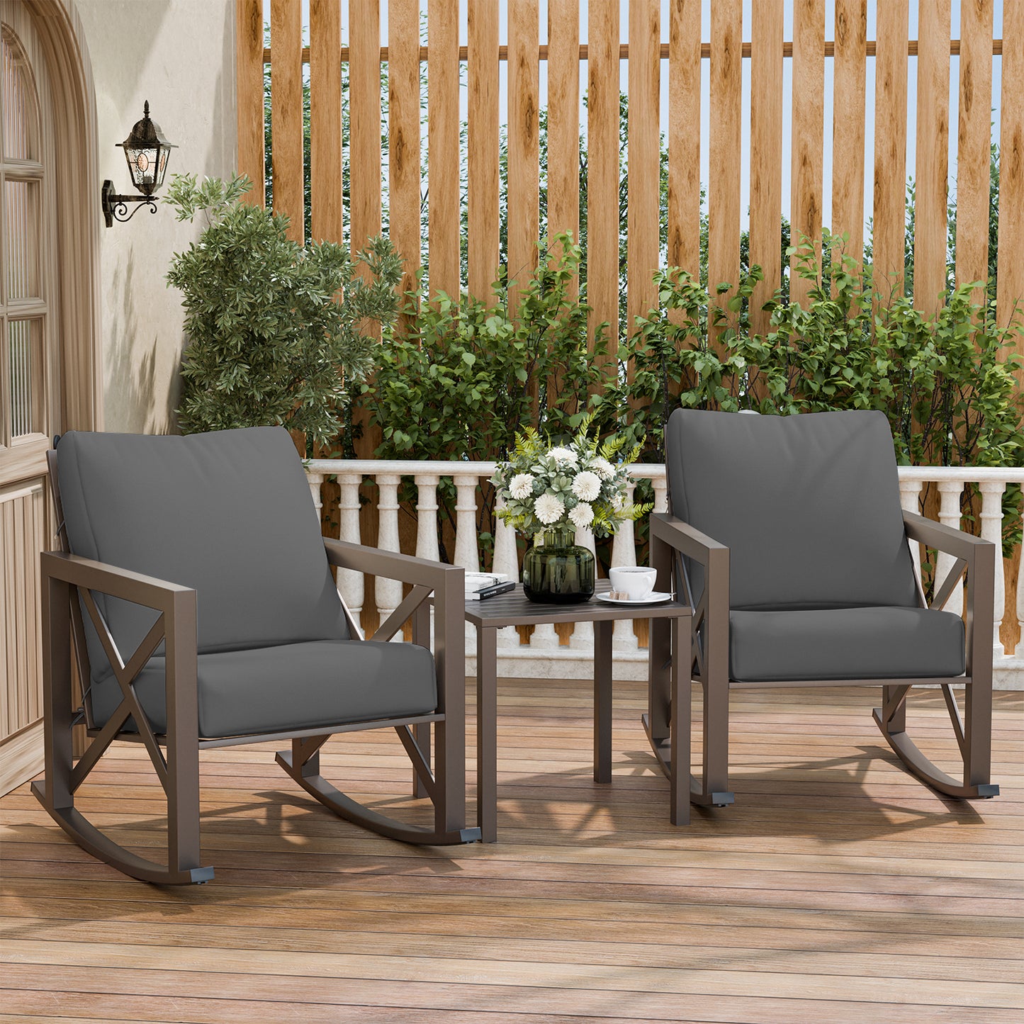 VONZOY Outdoor Rocking Bistro Set, Patio Rocking Chairs Set of 2 with Coffee Table, 3 Pieces Metal Conversation Sets with 6.5" Thick Cushions for Backyard, Porch, Poolside, Oversized (Gray)